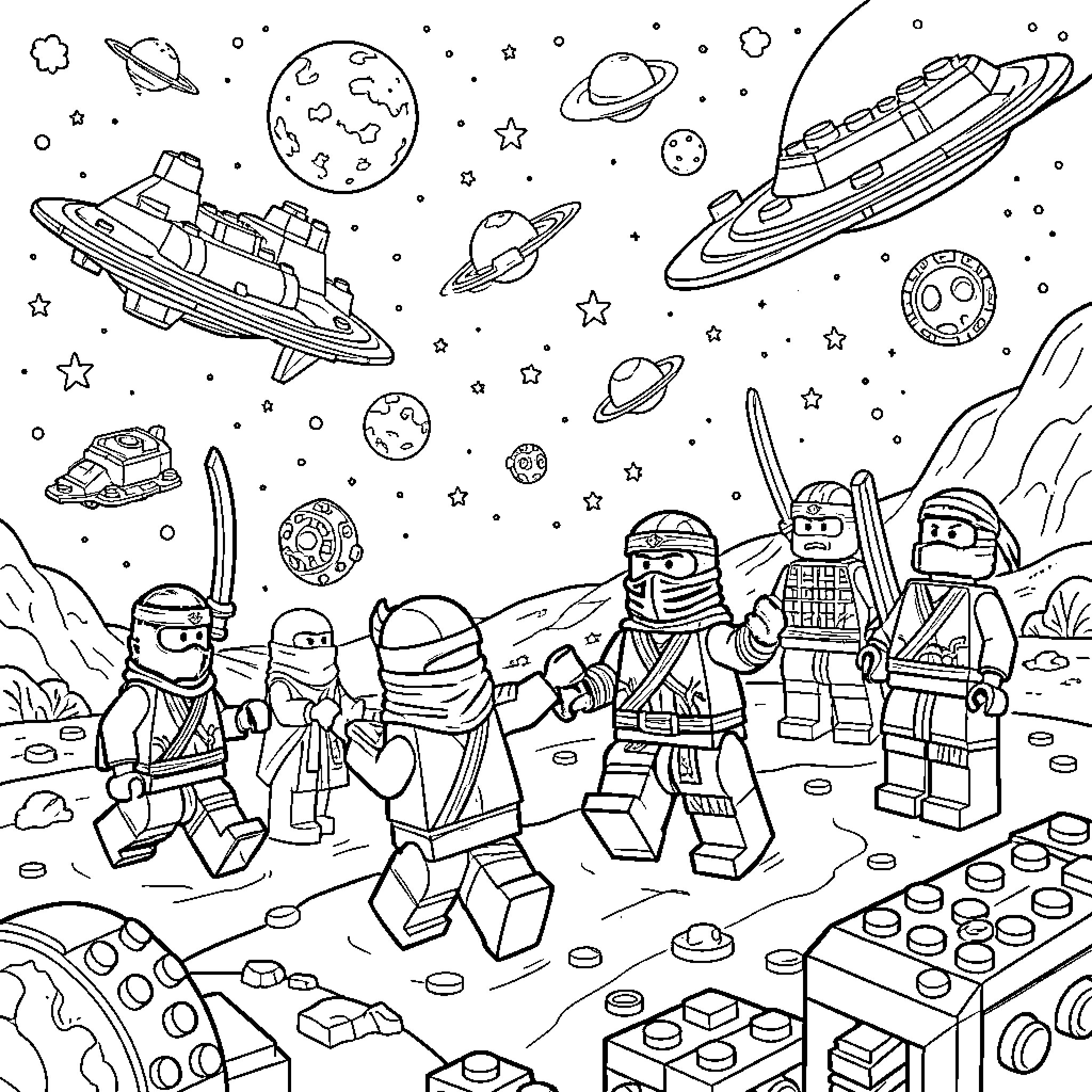 Ninja characters exploring a cosmic space scene Coloring Page (free black-and-white line drawing printable PDF for all, from beginners to advanced learners, including children, teens, adults, and seniors)