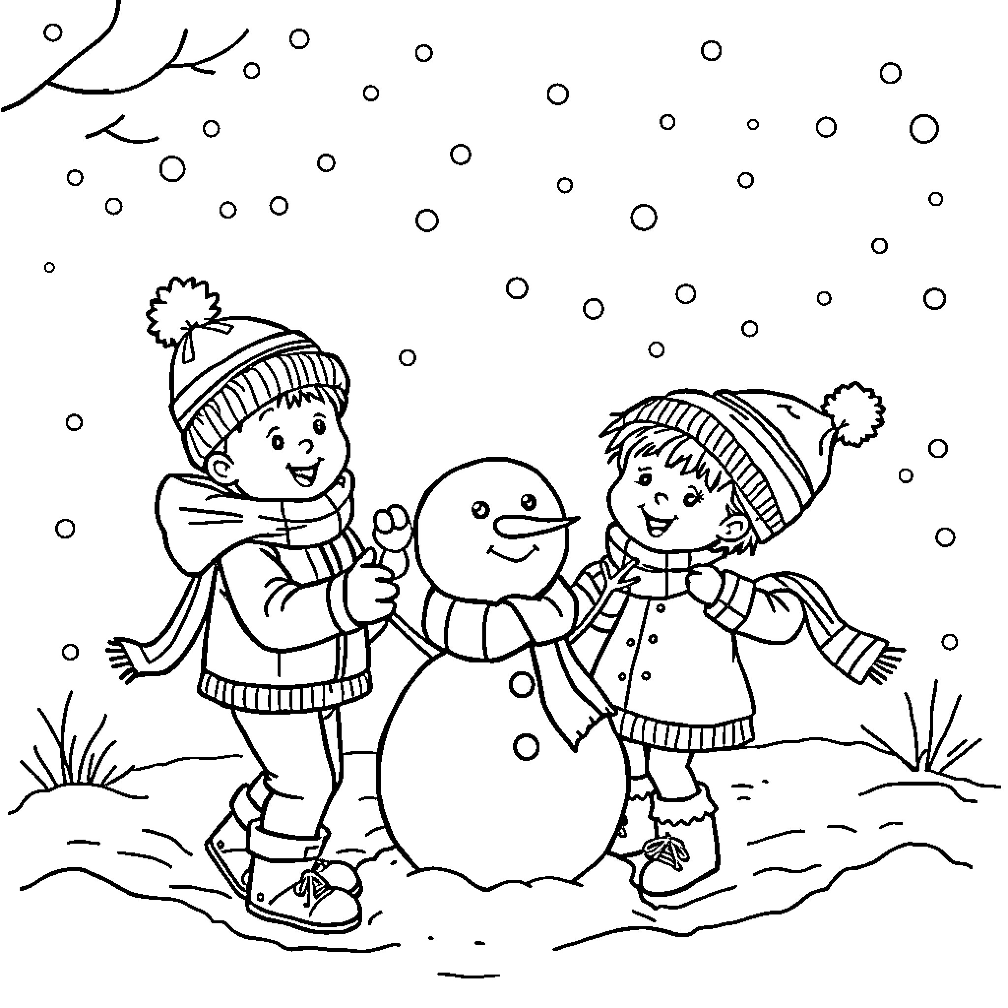 Kid making a snowman with friend in winter Coloring Page (free black-and-white line drawing printable PDF for all, from beginners to advanced learners, including children, teens, adults, and seniors)