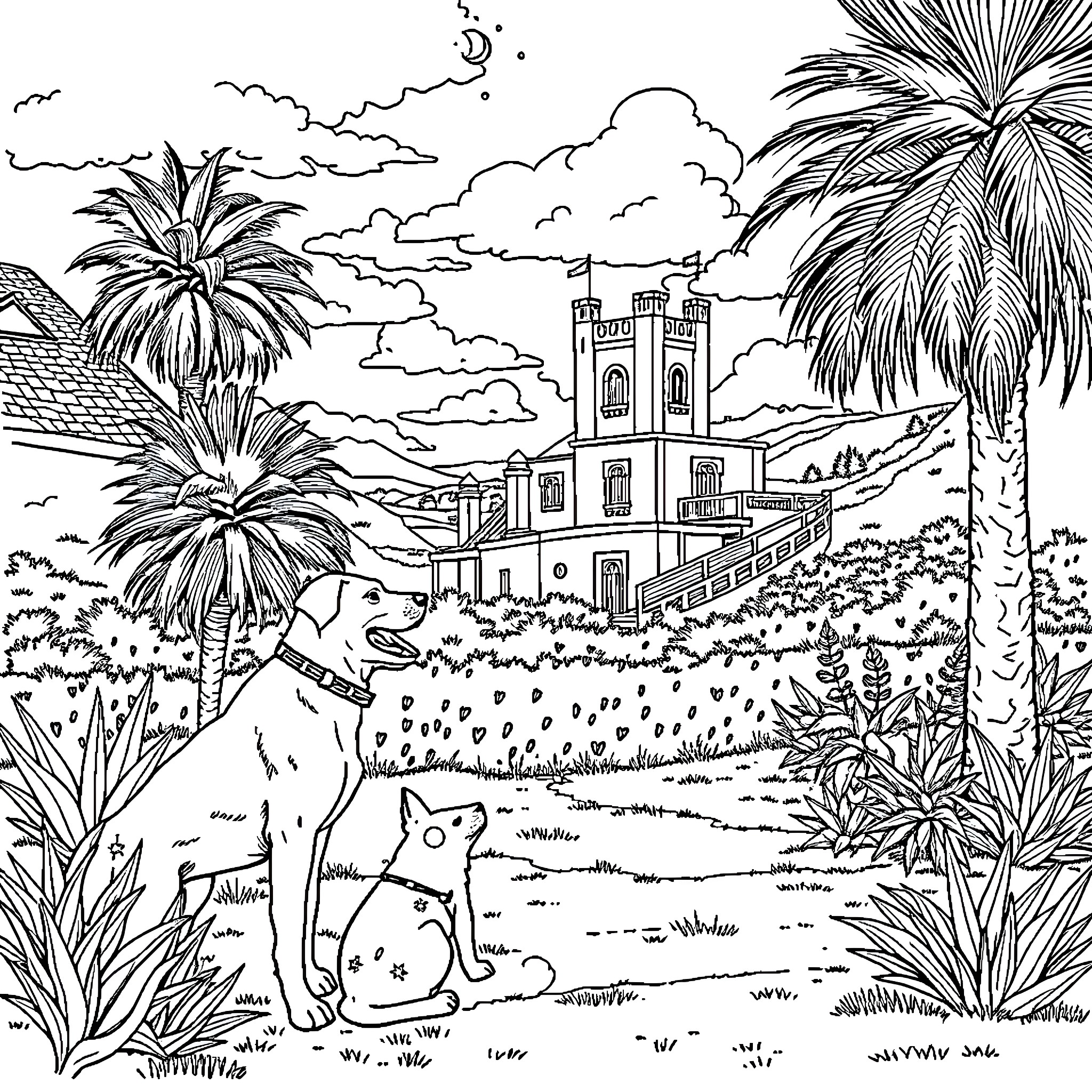 Dom's Tropical Paradise Exploration Coloring Page (free black-and-white line drawing printable PDF for all, from beginners to advanced learners, including children, teens, adults, and seniors)