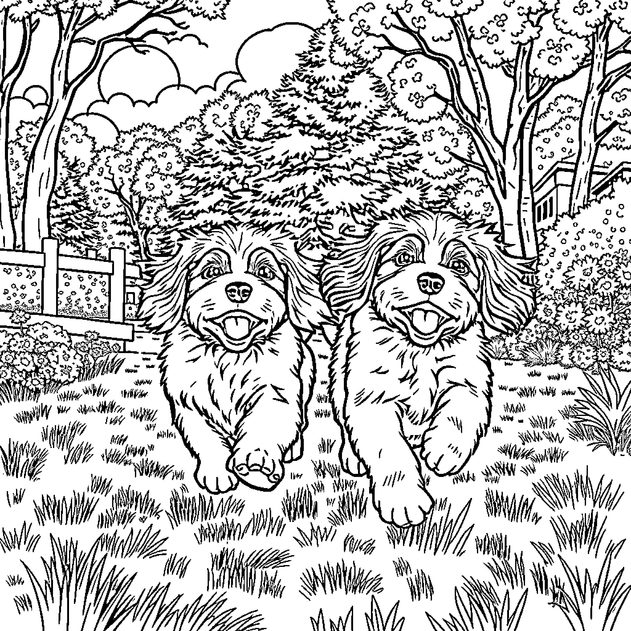 Cocker Spaniels playing joyfully in a peaceful meadow Coloring Page (free black-and-white line drawing printable PDF for all, from beginners to advanced learners, including children, teens, adults, and seniors)