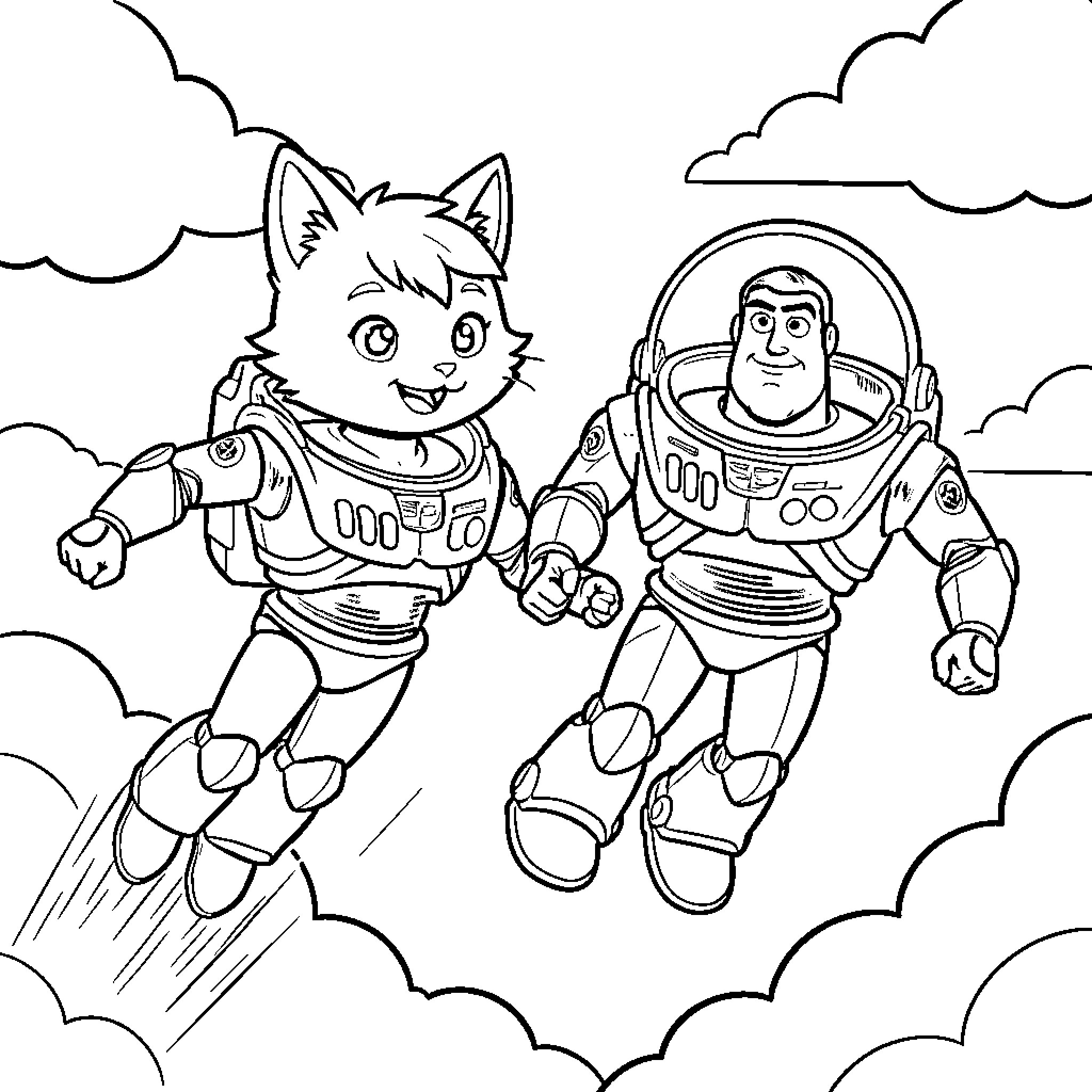 Catboy and space ranger flying through the clouds Coloring Page (free black-and-white line drawing printable PDF for all, from beginners to advanced learners, including children, teens, adults, and seniors)