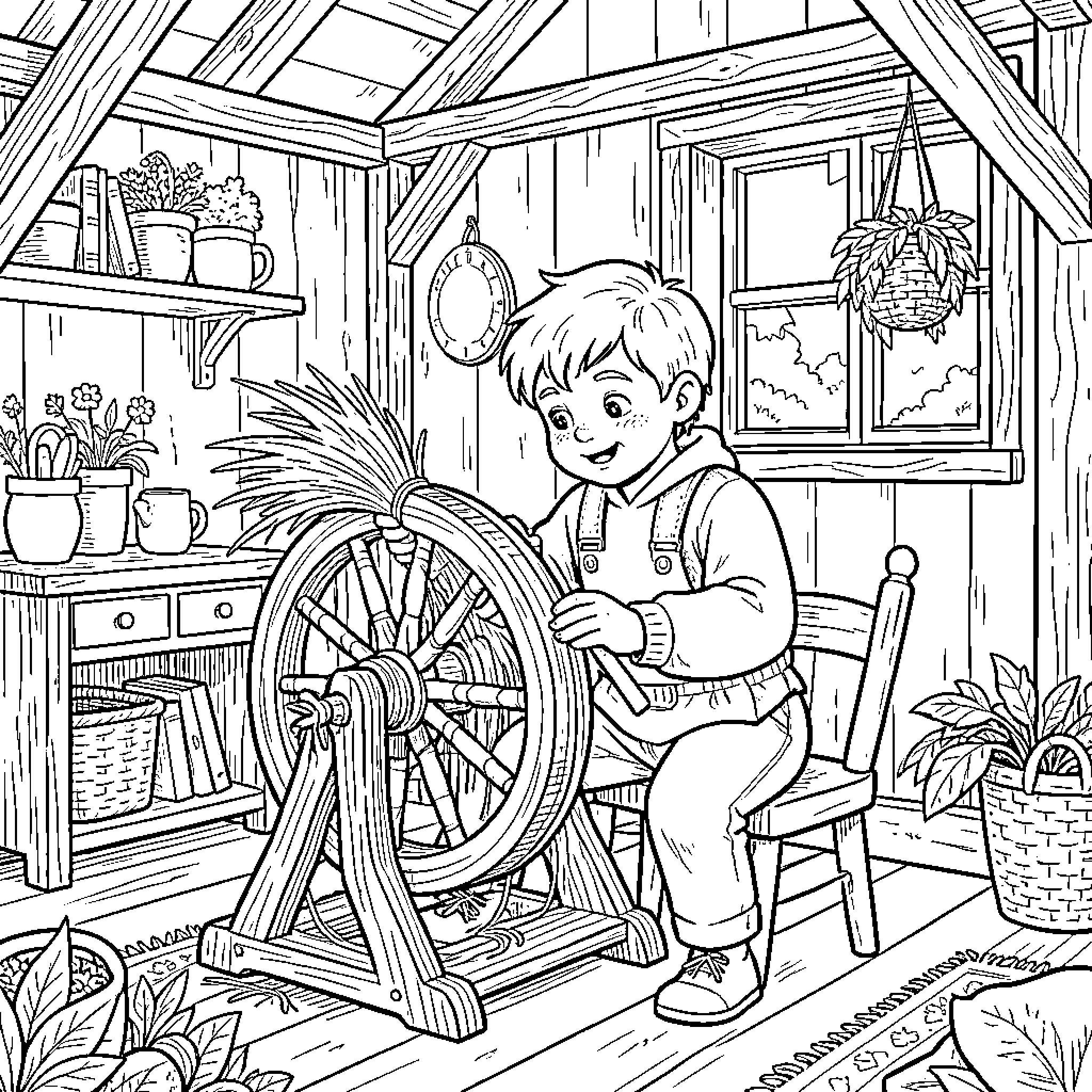 Man working on spinning wheel in rustic cabin Coloring Page (free black-and-white line drawing printable PDF for all, from beginners to advanced learners, including children, teens, adults, and seniors)
