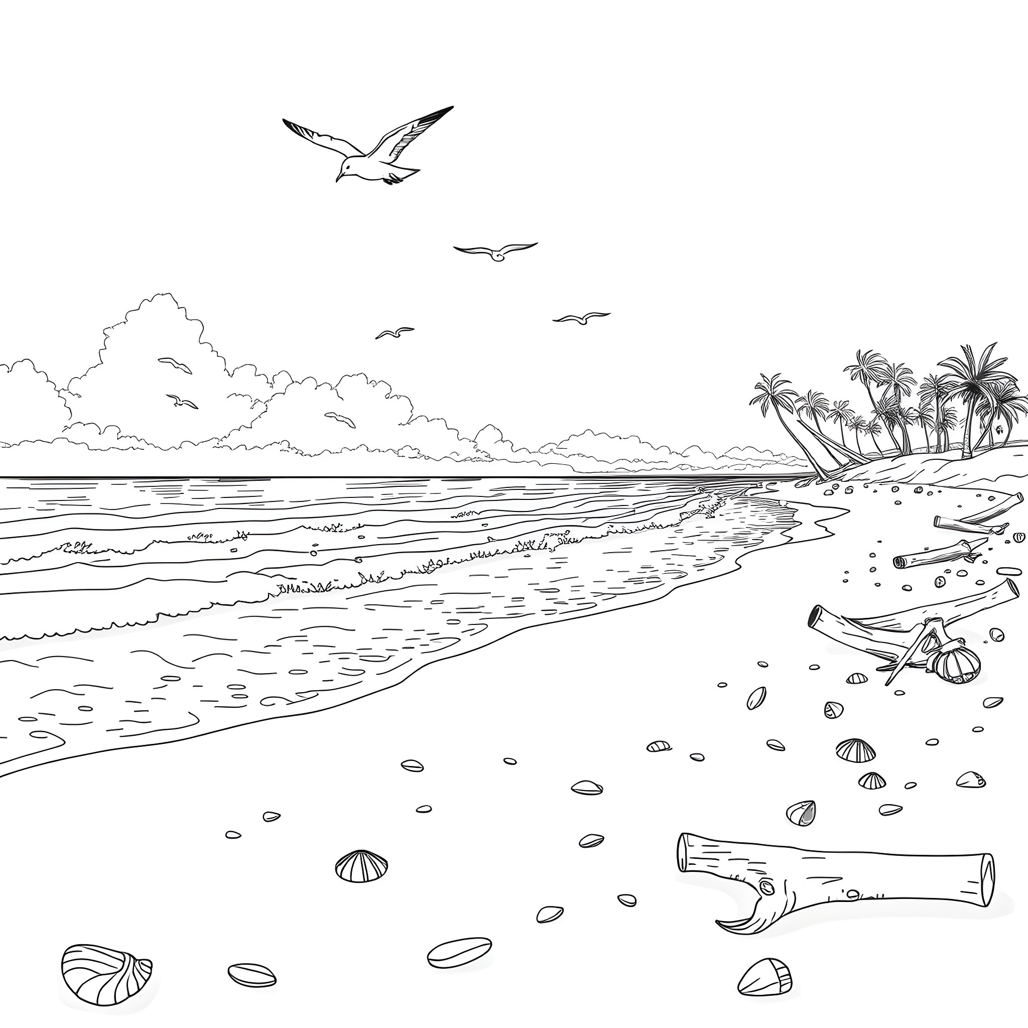 Beach with seagulls and palm trees in the distance Coloring Page (free black-and-white line drawing printable PDF for all, from beginners to advanced learners, including children, teens, adults, and seniors)