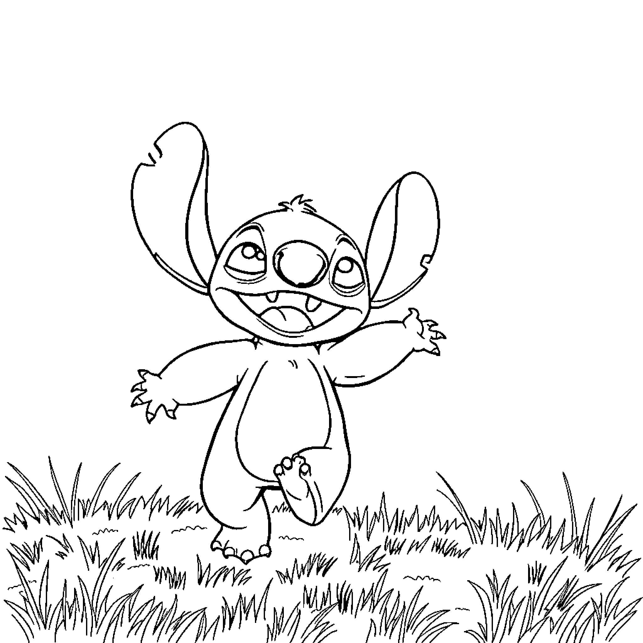 Stitch exploring the grassy field Coloring Page (free black-and-white line drawing printable PDF for all, from beginners to advanced learners, including children, teens, adults, and seniors)