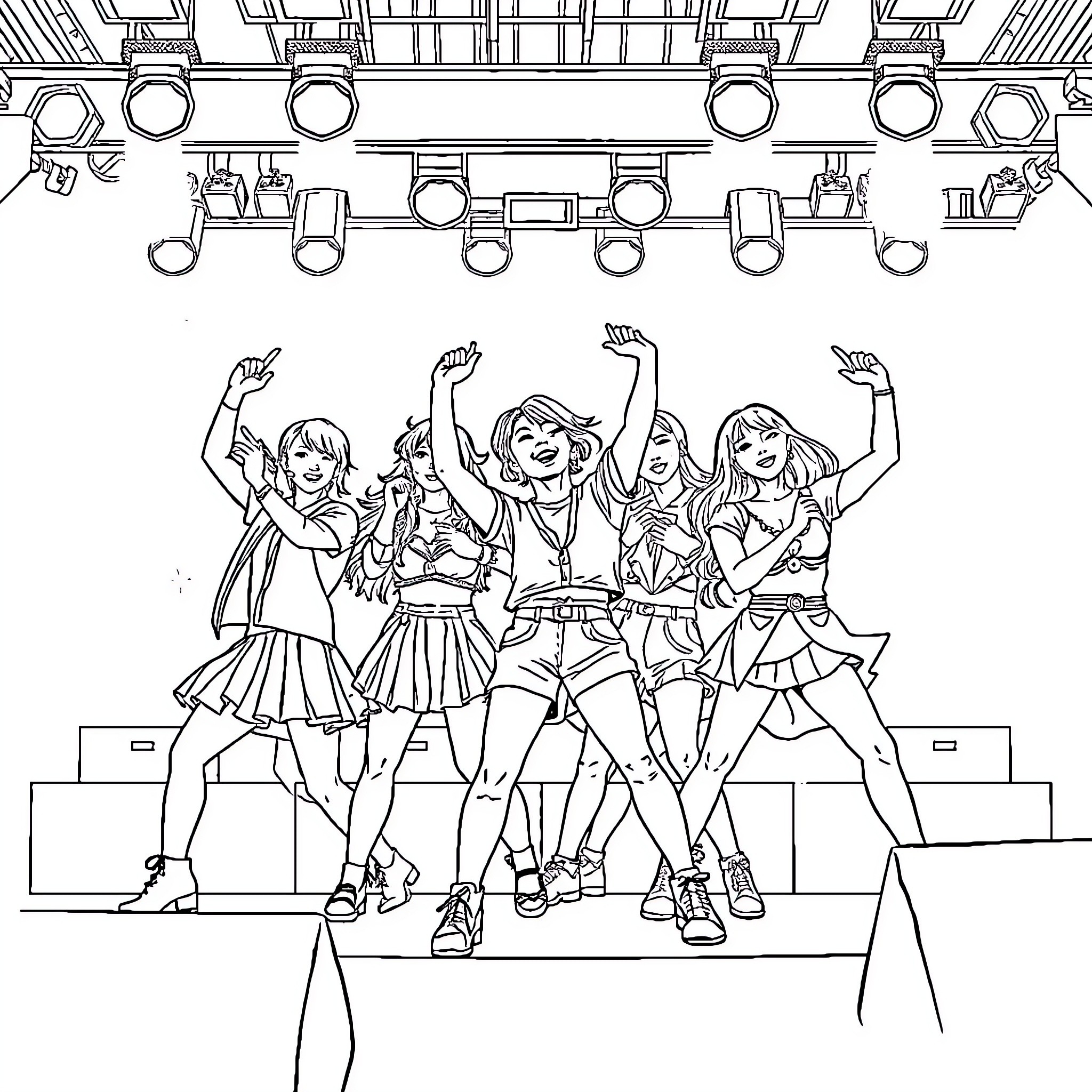 Kpop Group Performing on Stage with Enthusiasm Coloring Page (free black-and-white line drawing printable PDF for all, from beginners to advanced learners, including children, teens, adults, and seniors)