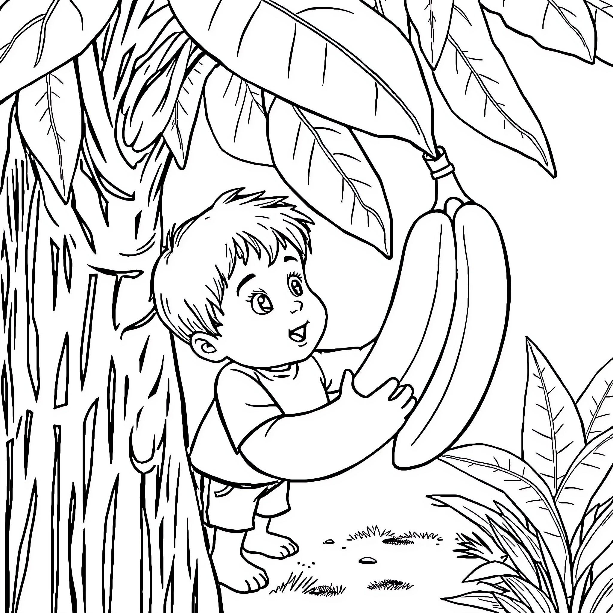 Niño exploring tropical nature with curiosity Coloring Page (free black-and-white line drawing printable PDF for all, from beginners to advanced learners, including children, teens, adults, and seniors)