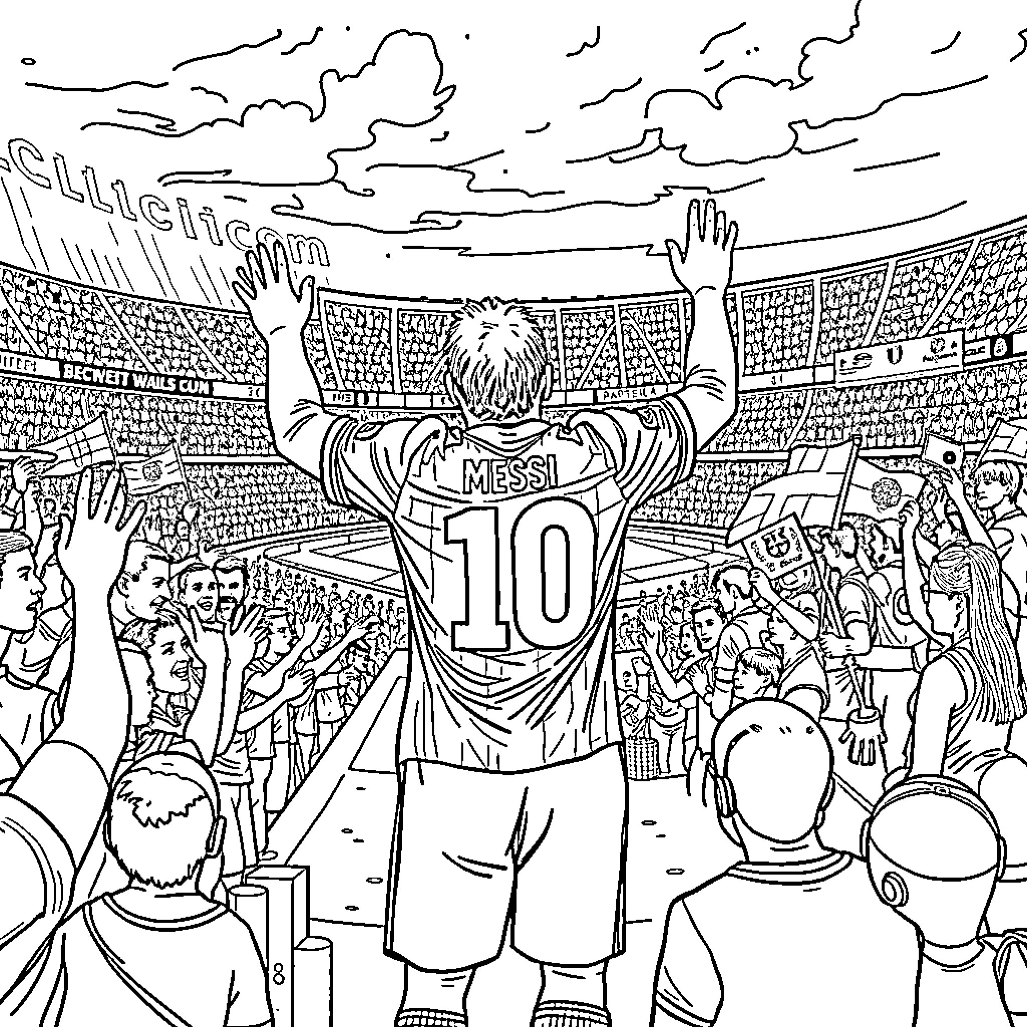 Messi Celebrating Goal in Packed Soccer Stadium Coloring Page (free black-and-white line drawing printable PDF for all, from beginners to advanced learners, including children, teens, adults, and seniors)