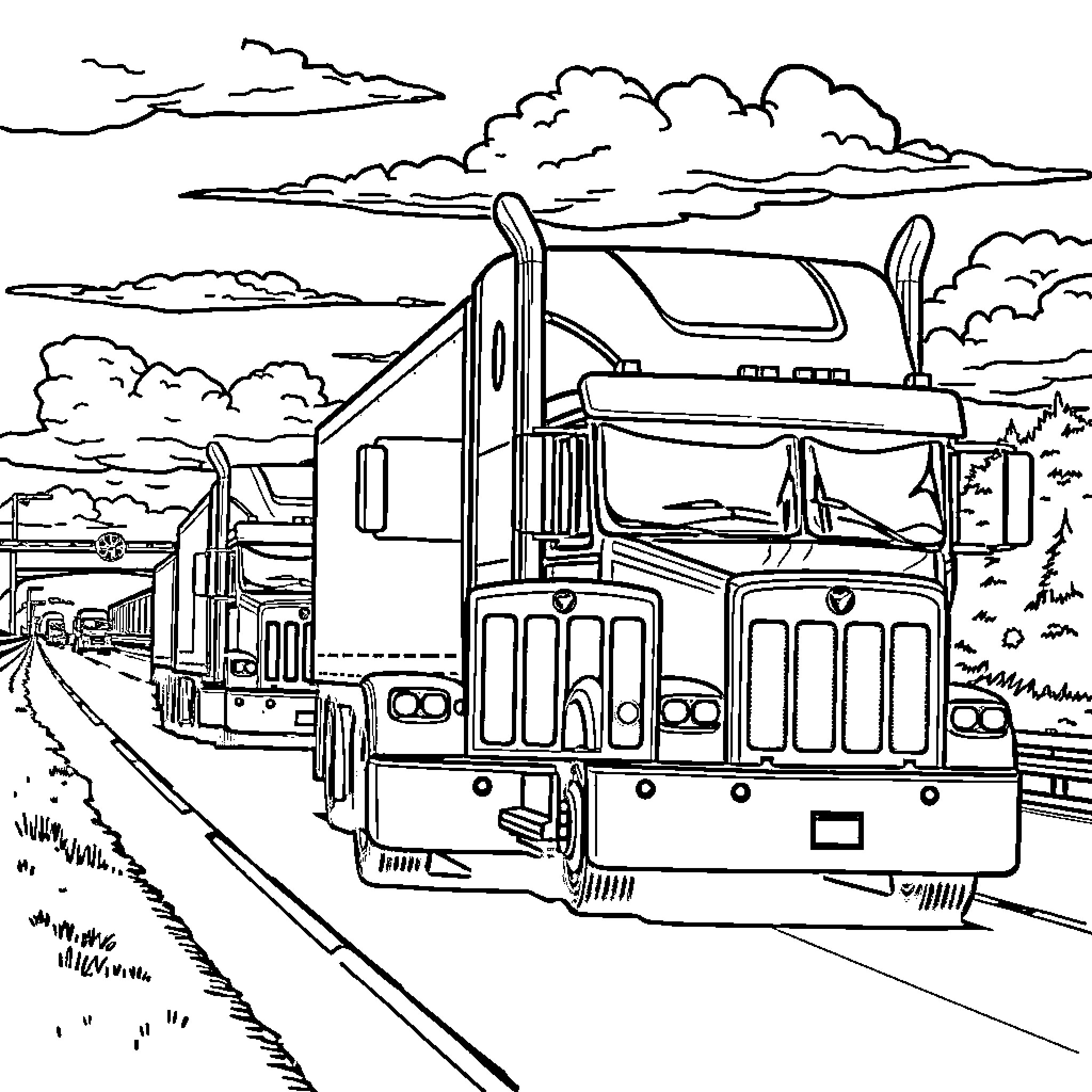 Truck driving on a scenic highway through the countryside Coloring Page (free black-and-white line drawing printable PDF for all, from beginners to advanced learners, including children, teens, adults, and seniors)