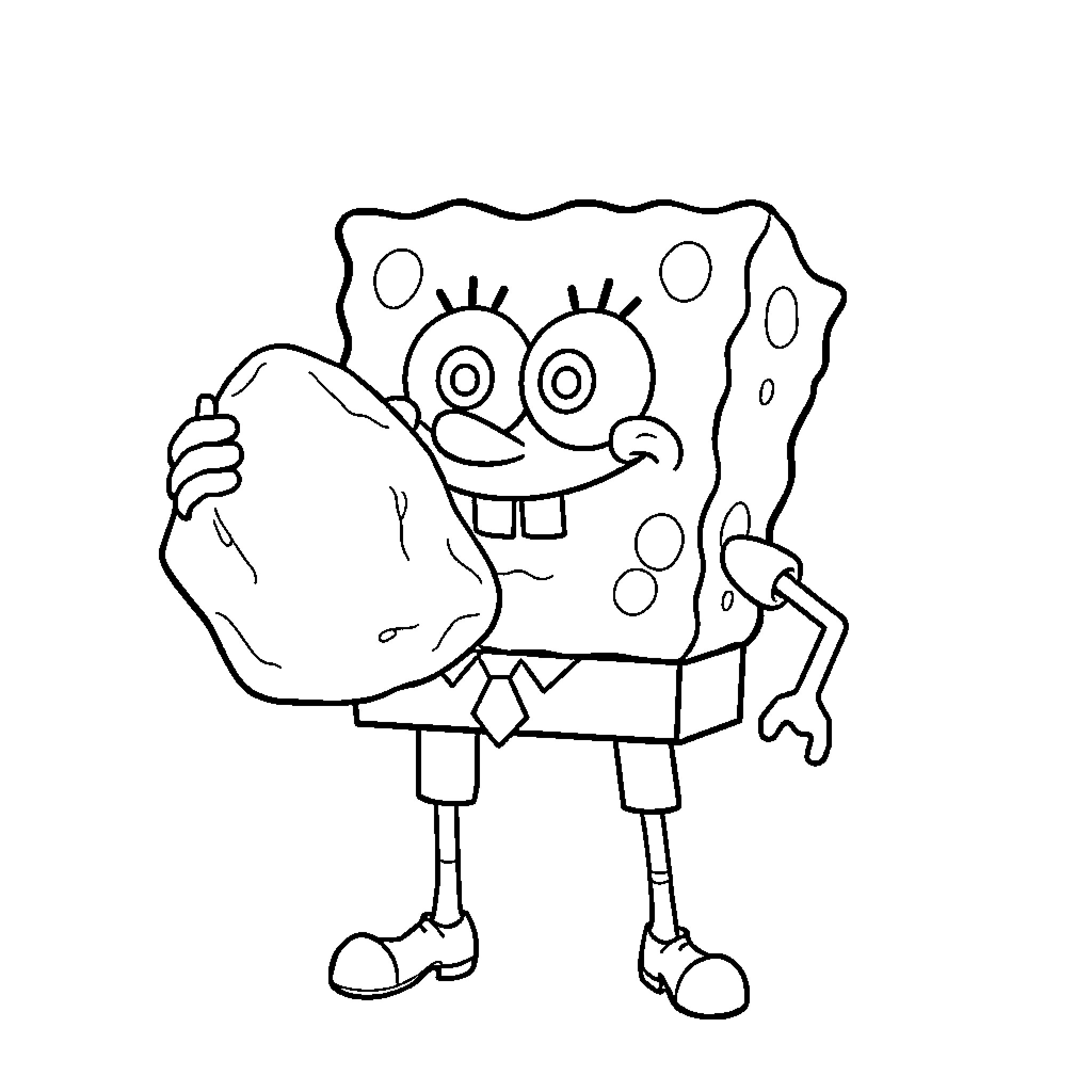 Spongebob excited with a large rock Coloring Page (free black-and-white line drawing printable PDF for all, from beginners to advanced learners, including children, teens, adults, and seniors)