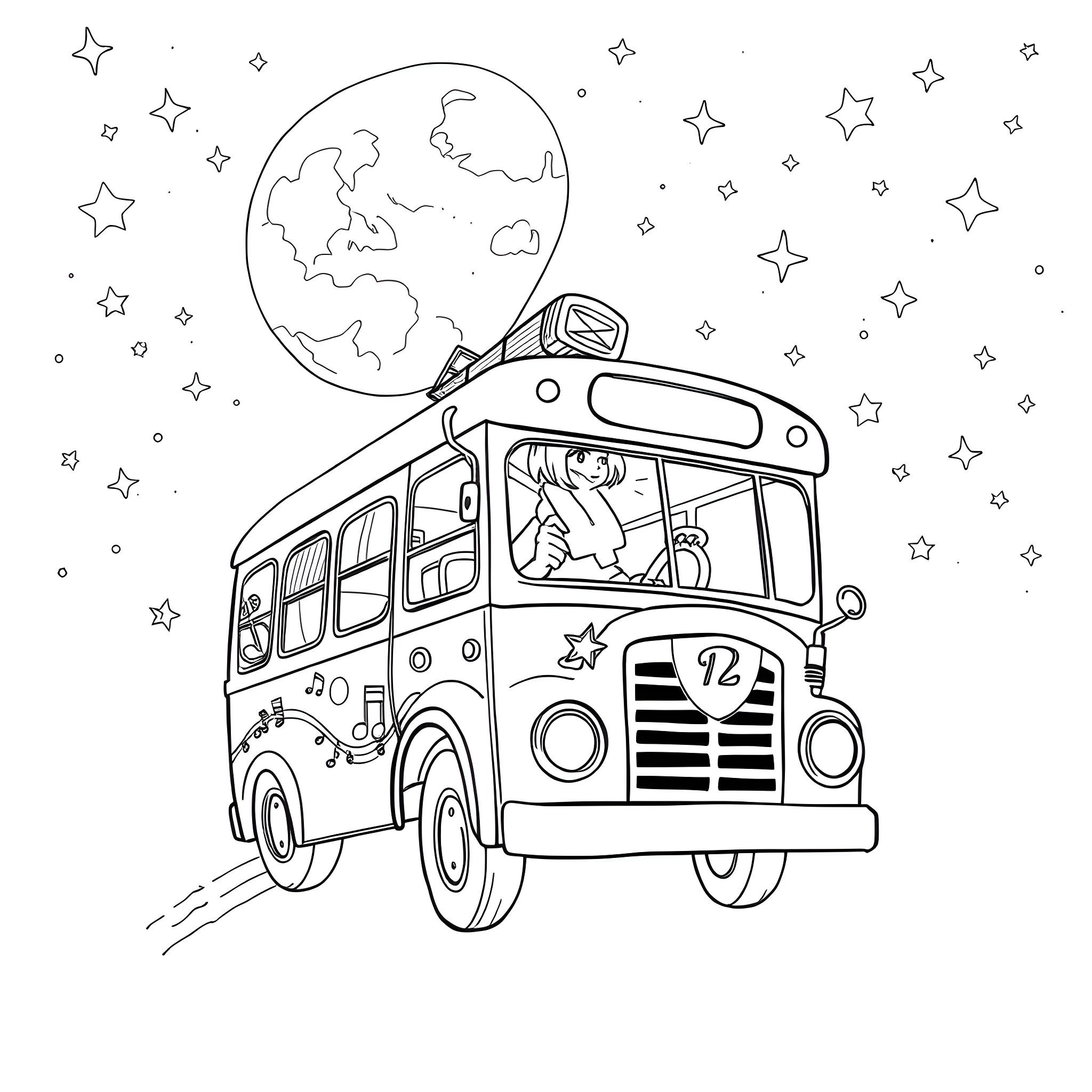 Taylor Swift's Whimsical Bus Ride Through the Starry Night Coloring Page (free black-and-white line drawing printable PDF for all, from beginners to advanced learners, including children, teens, adults, and seniors)