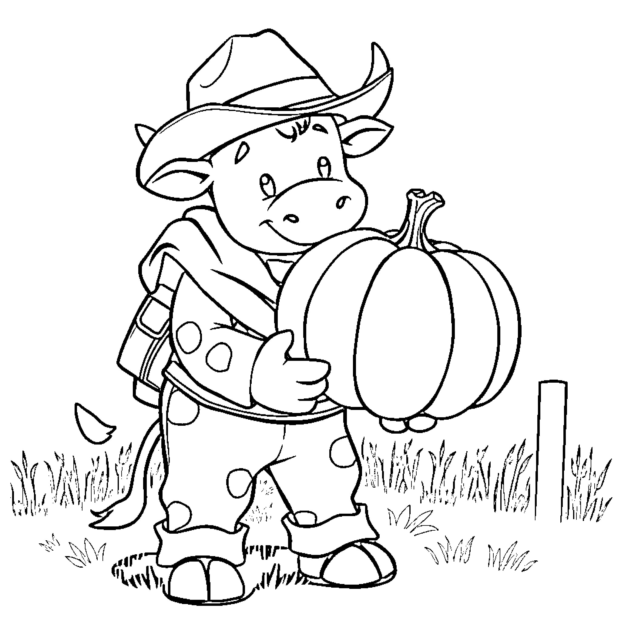 Cowboy cow carrying a pumpkin in the countryside Coloring Page (free black-and-white line drawing printable PDF for all, from beginners to advanced learners, including children, teens, adults, and seniors)