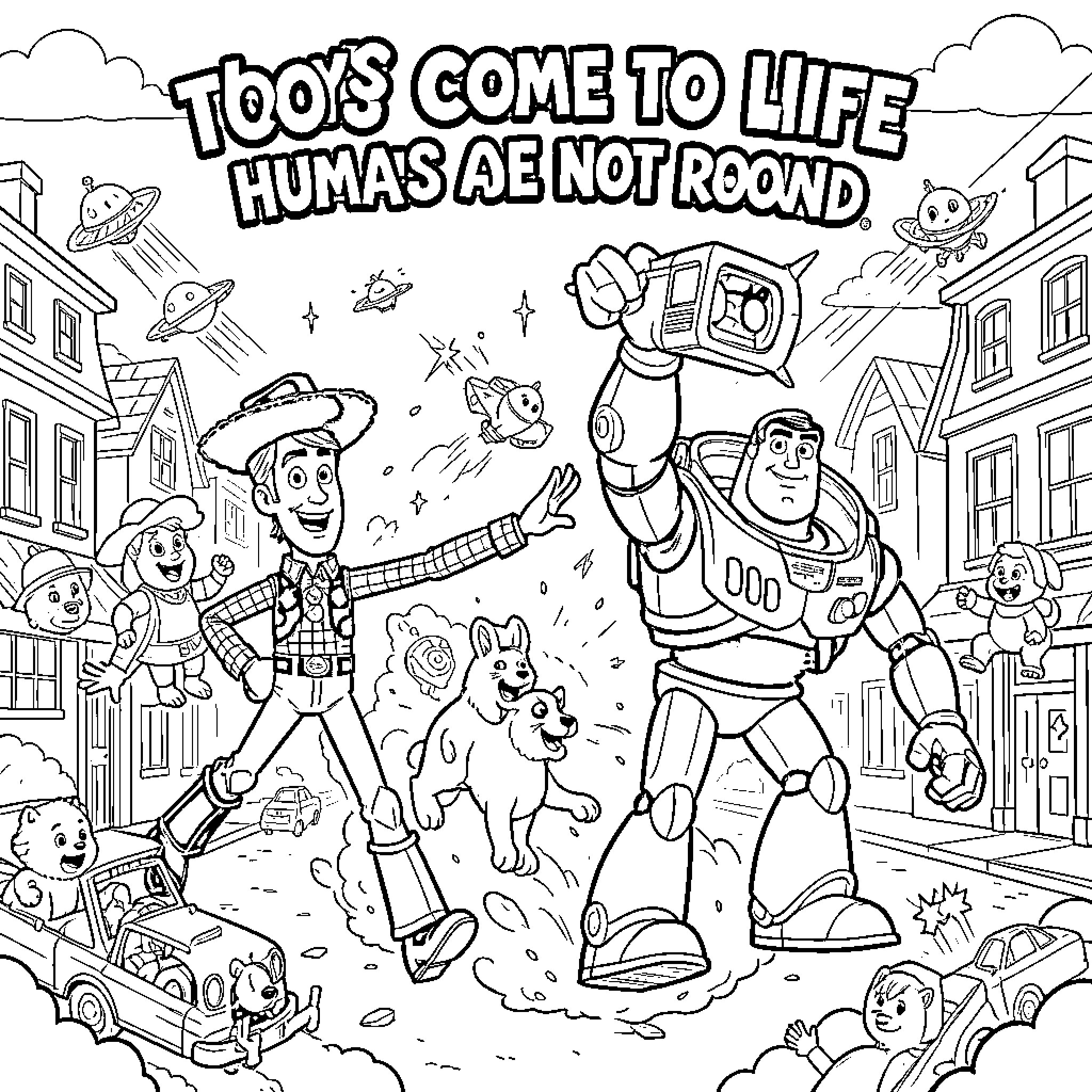 Toy Story characters celebrating as toys come to life Coloring Page (free black-and-white line drawing printable PDF for all, from beginners to advanced learners, including children, teens, adults, and seniors)