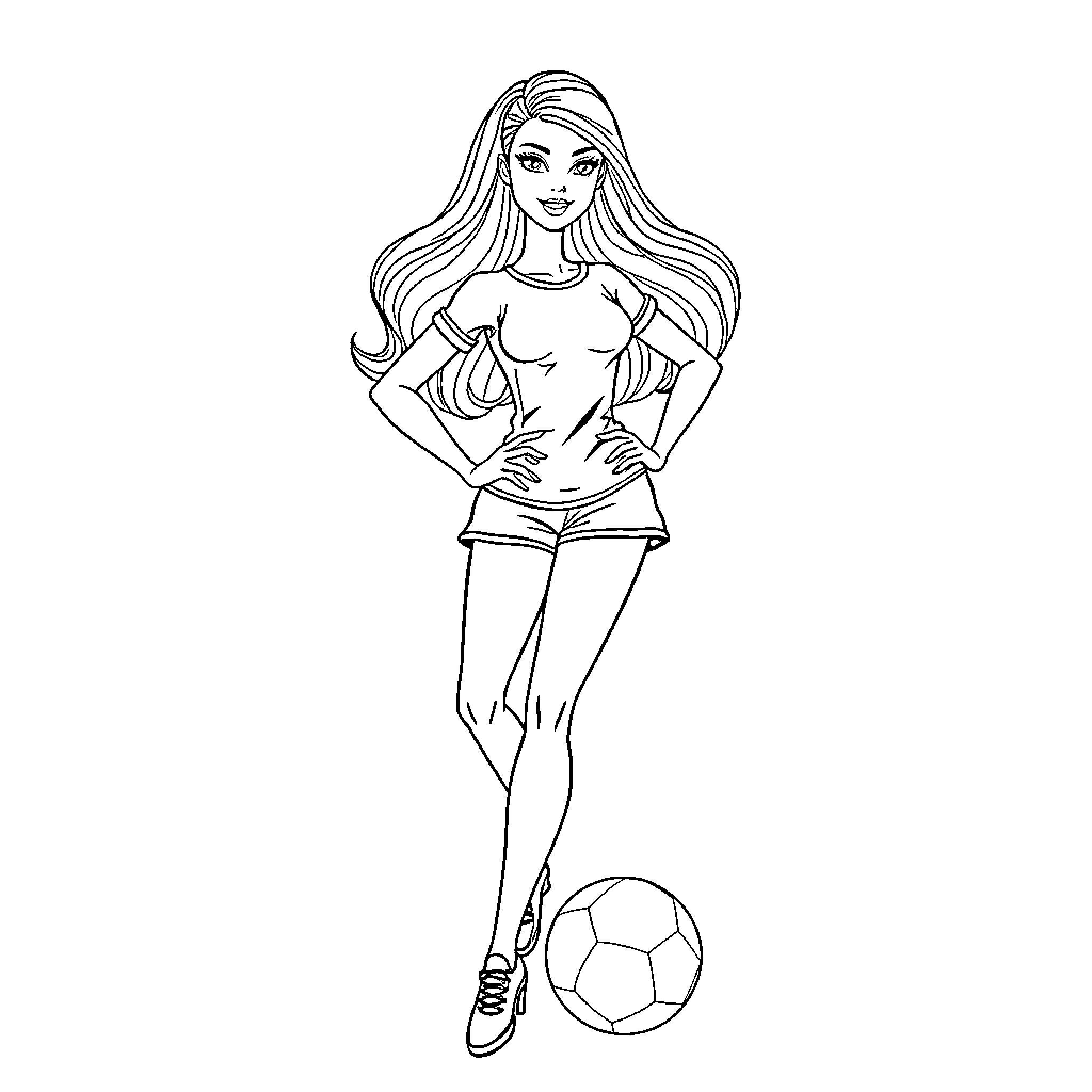 Barbie playing with a soccer ball Coloring Page (free black-and-white line drawing printable PDF for all, from beginners to advanced learners, including children, teens, adults, and seniors)