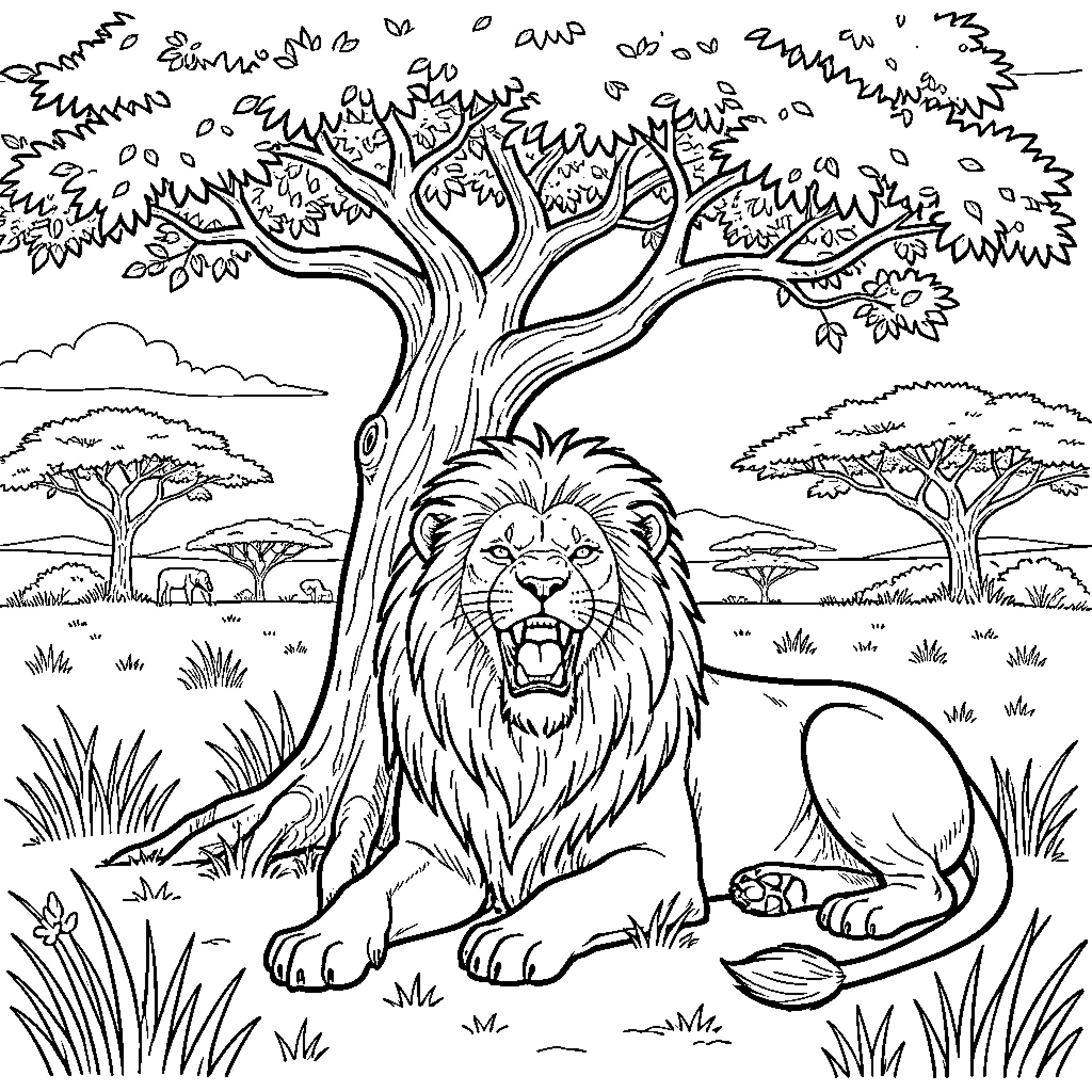 Lion roaring fiercely in the wild savanna Coloring Page (free black-and-white line drawing printable PDF for all, from beginners to advanced learners, including children, teens, adults, and seniors)