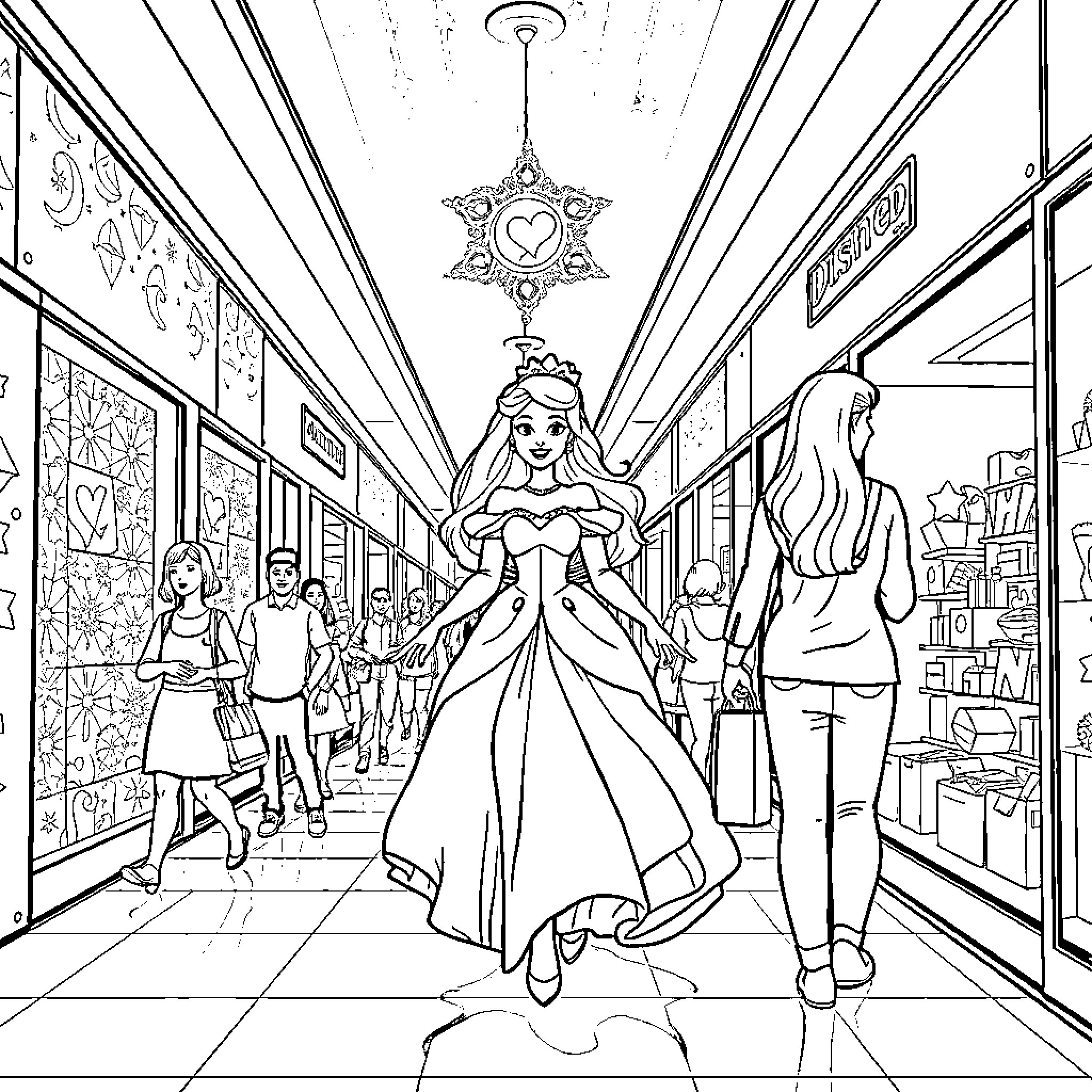 Disney Princess in a Magical Shopping Mall Coloring Page (free black-and-white line drawing printable PDF for all, from beginners to advanced learners, including children, teens, adults, and seniors)
