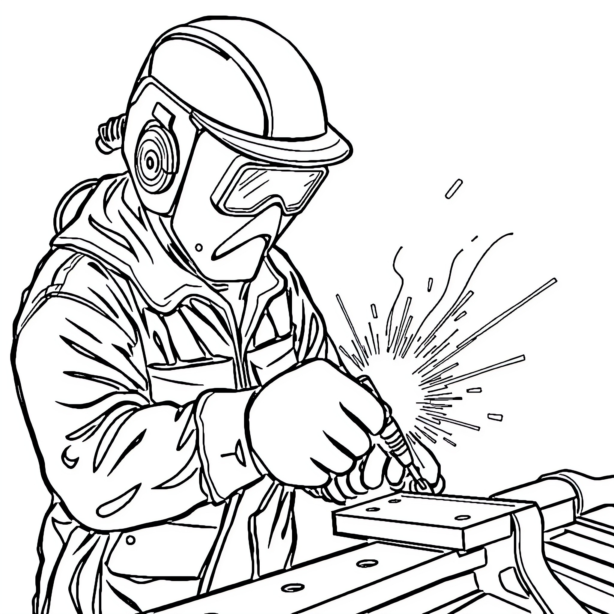 Welder working intently on metal project Coloring Page (free black-and-white line drawing printable PDF for all, from beginners to advanced learners, including children, teens, adults, and seniors)