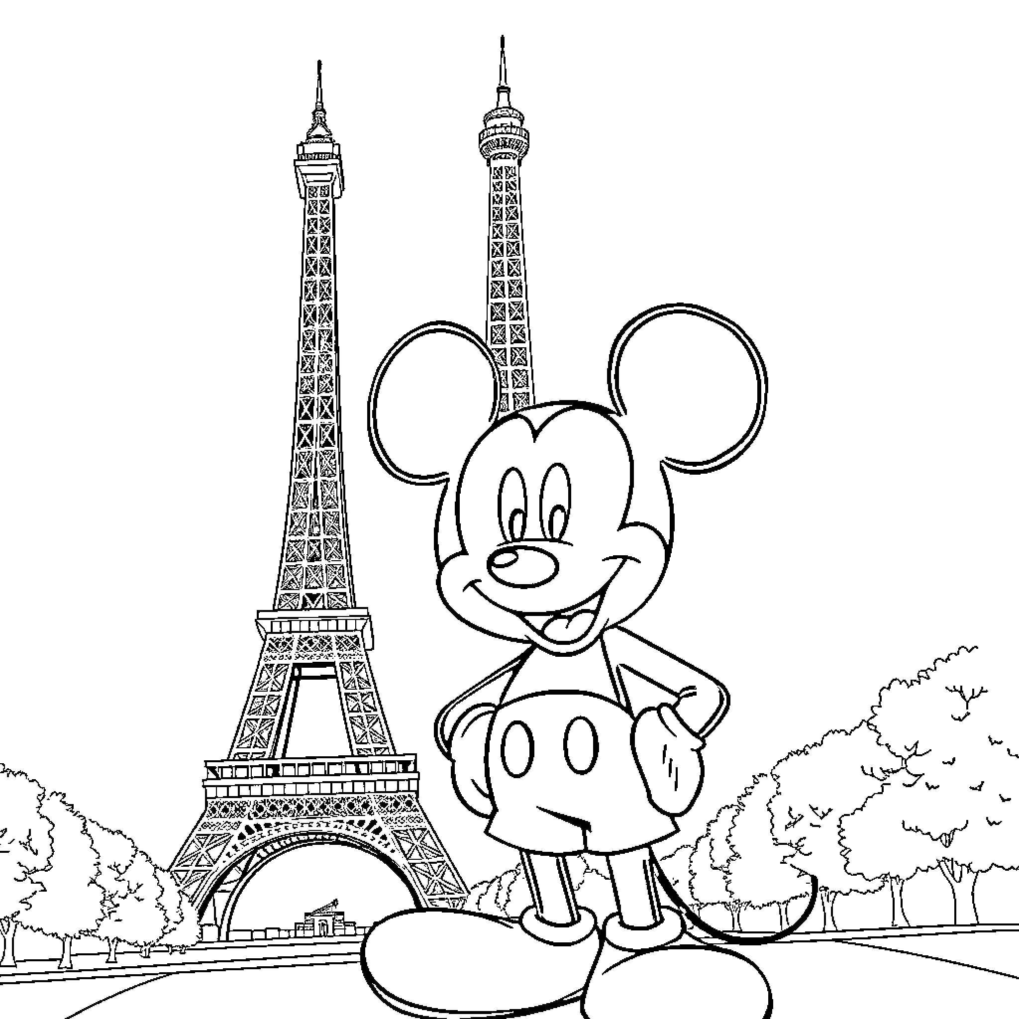 Mickey Mouse visiting the Eiffel Tower Coloring Page (free black-and-white line drawing printable PDF for all, from beginners to advanced learners, including children, teens, adults, and seniors)