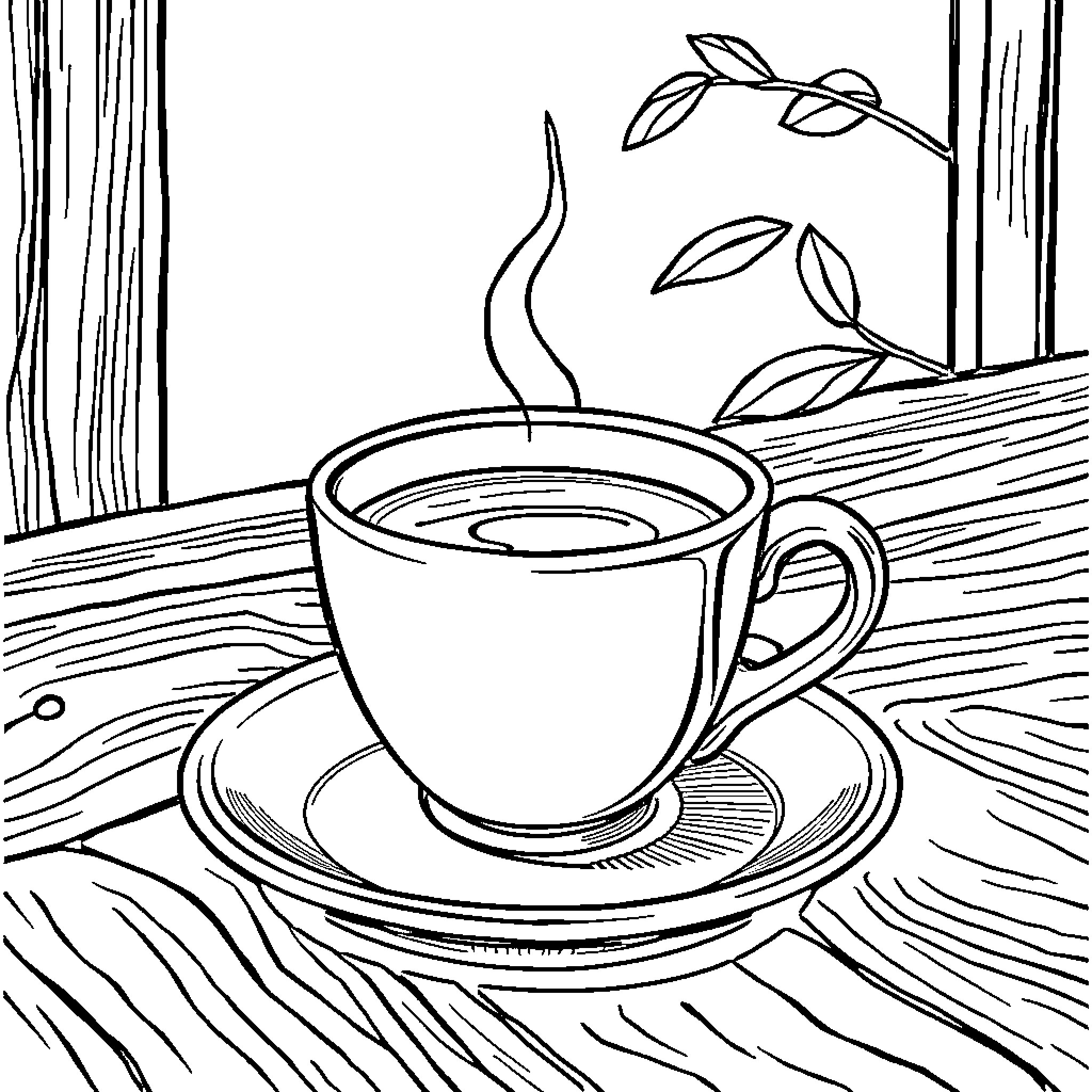 Mel's Cozy Morning Coffee on Wooden Table Coloring Page (free black-and-white line drawing printable PDF for all, from beginners to advanced learners, including children, teens, adults, and seniors)