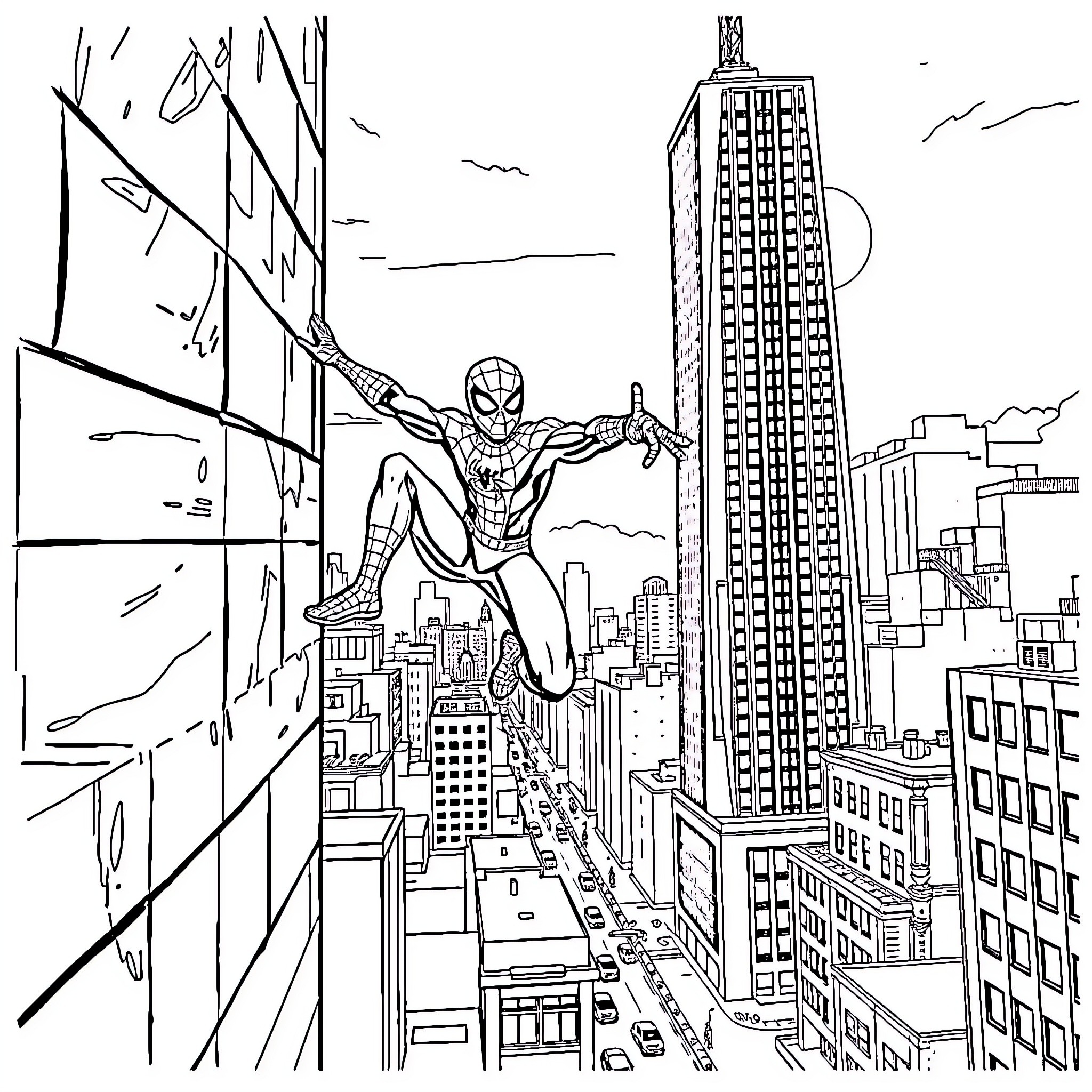 Spider-Man swinging through the city skyline Coloring Page (free black-and-white line drawing printable PDF for all, from beginners to advanced learners, including children, teens, adults, and seniors)