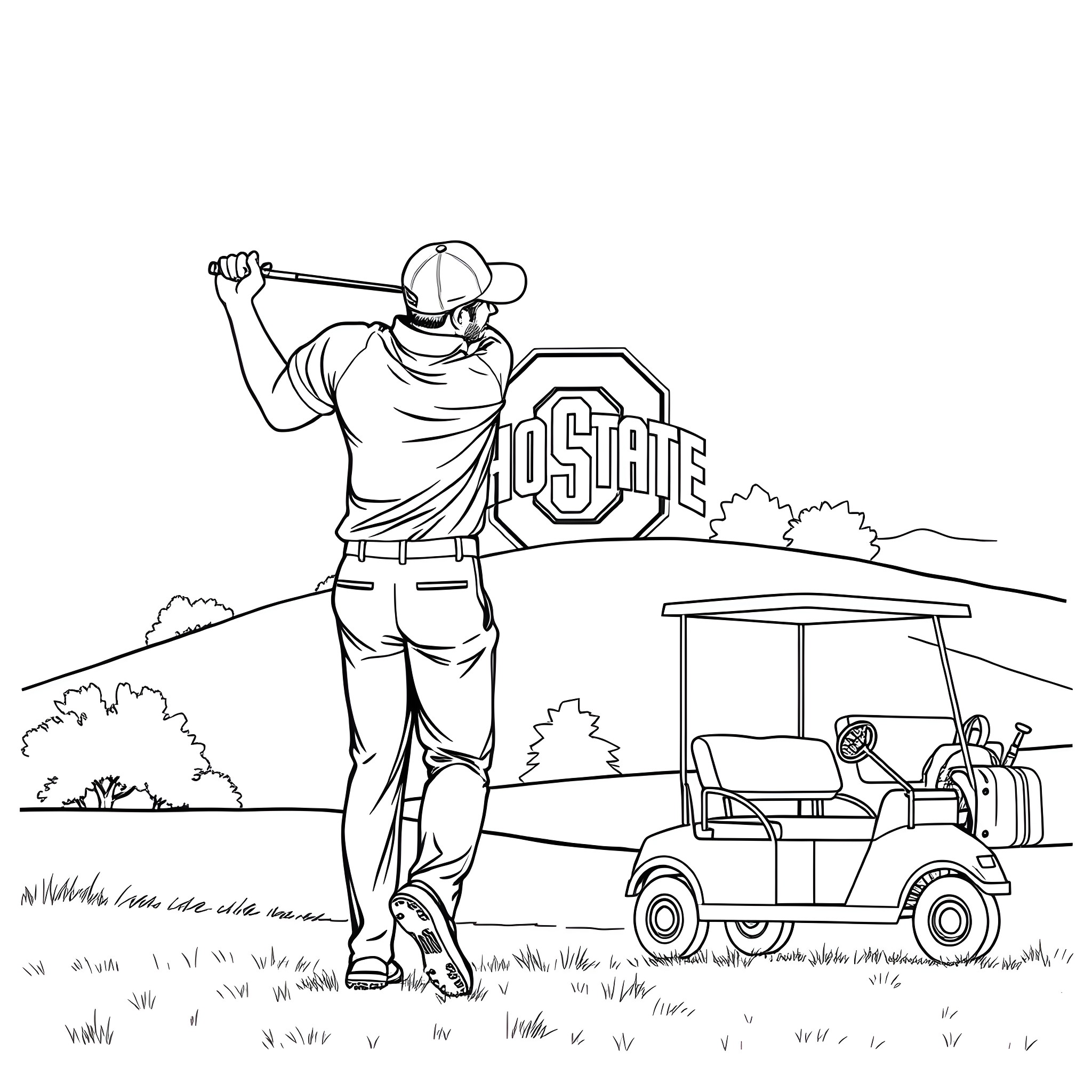Man playing golf on a sunny day Coloring Page (free black-and-white line drawing printable PDF for all, from beginners to advanced learners, including children, teens, adults, and seniors)