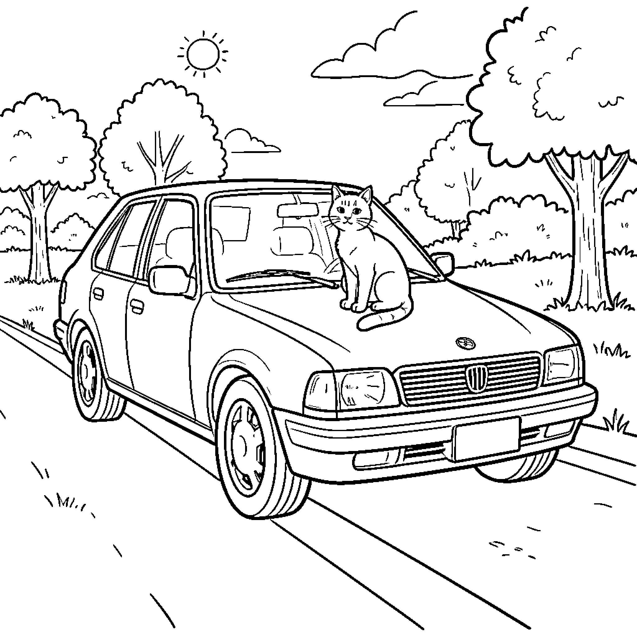 Car with a cat sitting on the hood Coloring Page (free black-and-white line drawing printable PDF for all, from beginners to advanced learners, including children, teens, adults, and seniors)