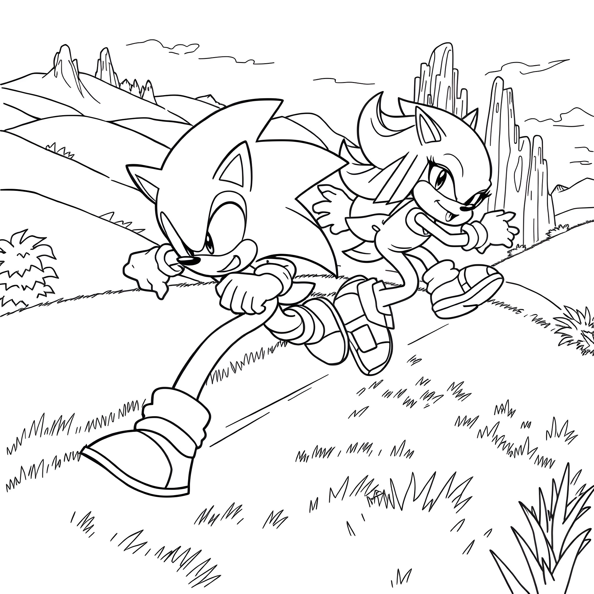 Sonic running swiftly through the mountainous landscape Coloring Page (free black-and-white line drawing printable PDF for all, from beginners to advanced learners, including children, teens, adults, and seniors)