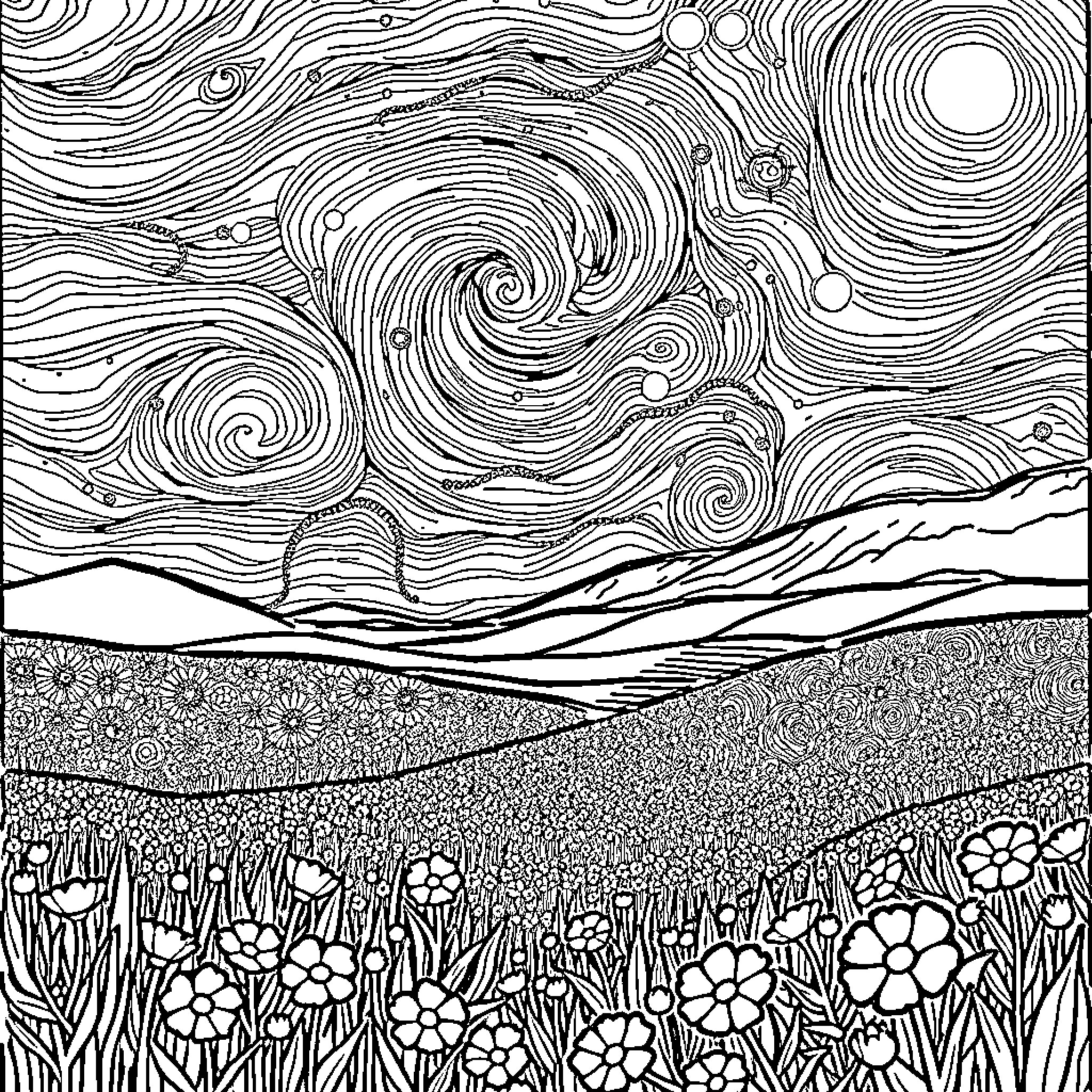Landscape of swirling celestial patterns and floral field Coloring Page (free black-and-white line drawing printable PDF for all, from beginners to advanced learners, including children, teens, adults, and seniors)