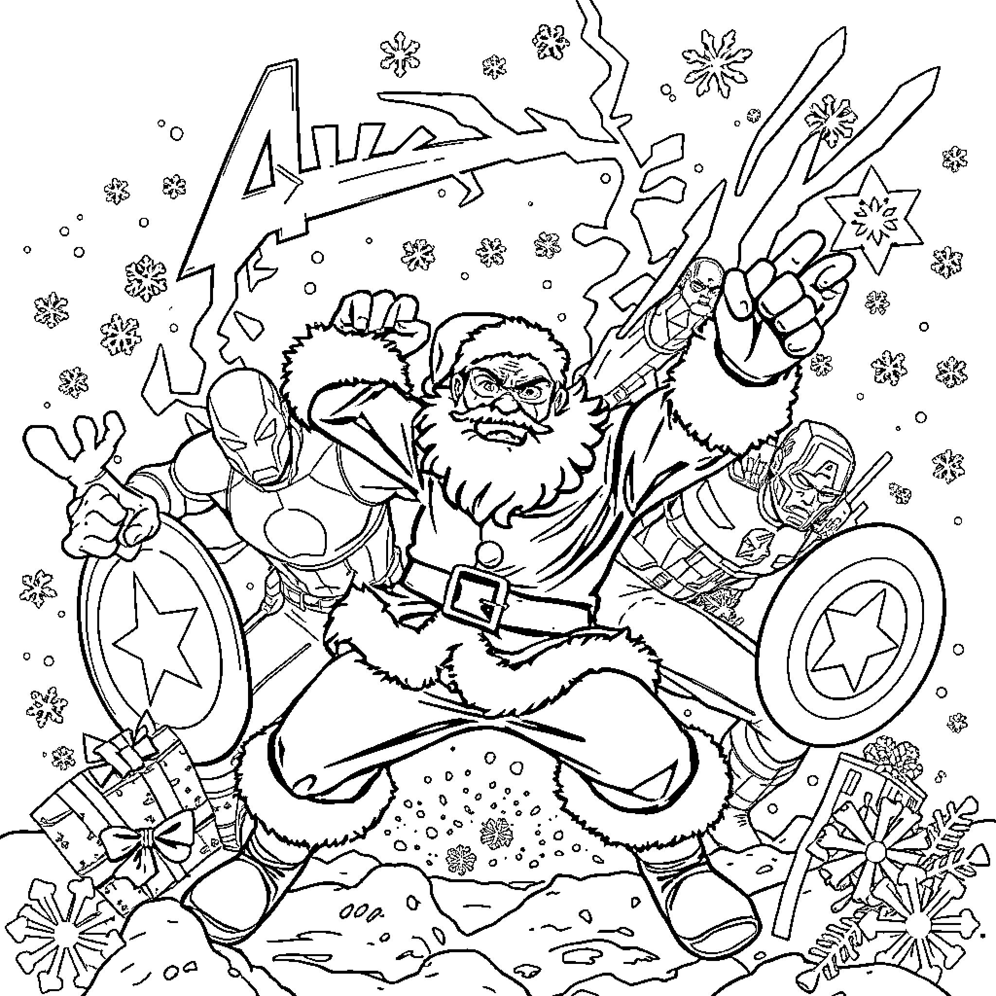 Santa's Festive Winter Adventure Coloring Page (free black-and-white line drawing printable PDF for all, from beginners to advanced learners, including children, teens, adults, and seniors)