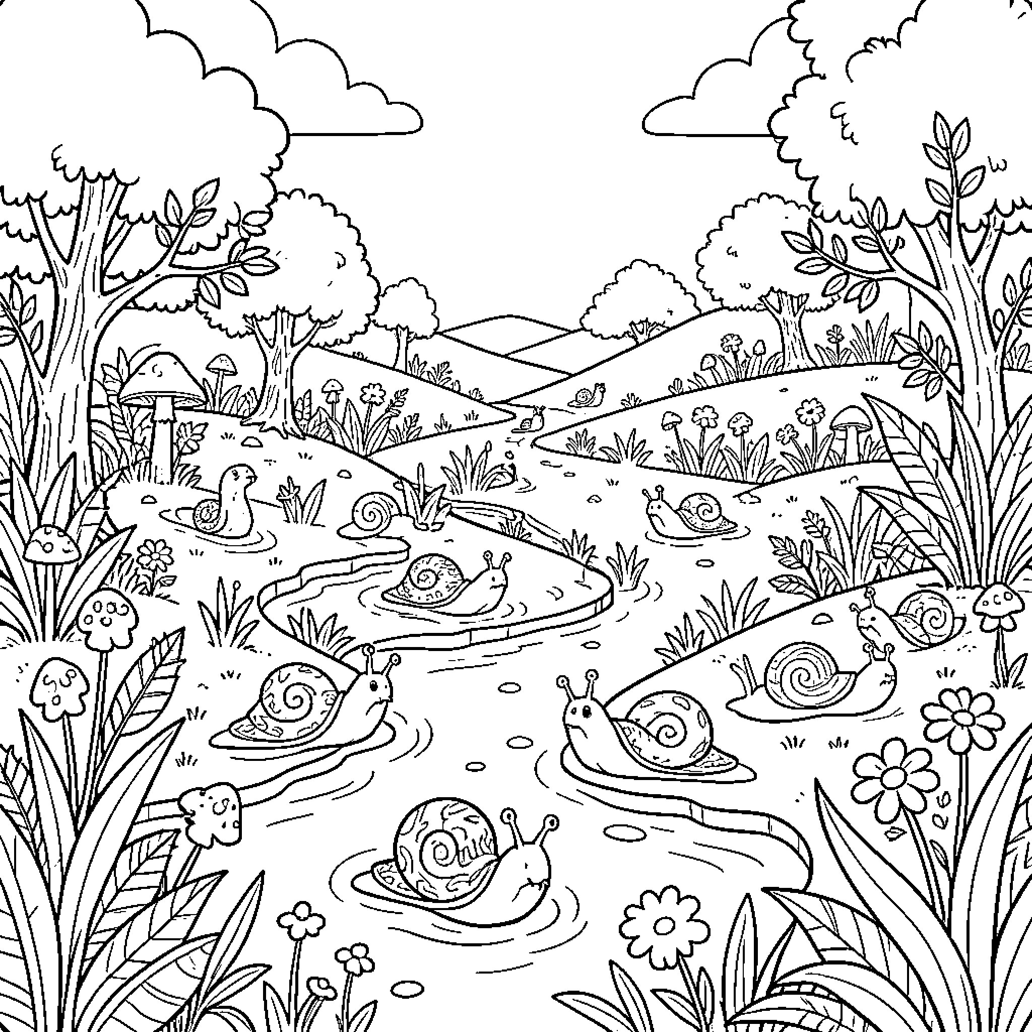 Slug crawling through a lush garden landscape Coloring Page (free black-and-white line drawing printable PDF for all, from beginners to advanced learners, including children, teens, adults, and seniors)