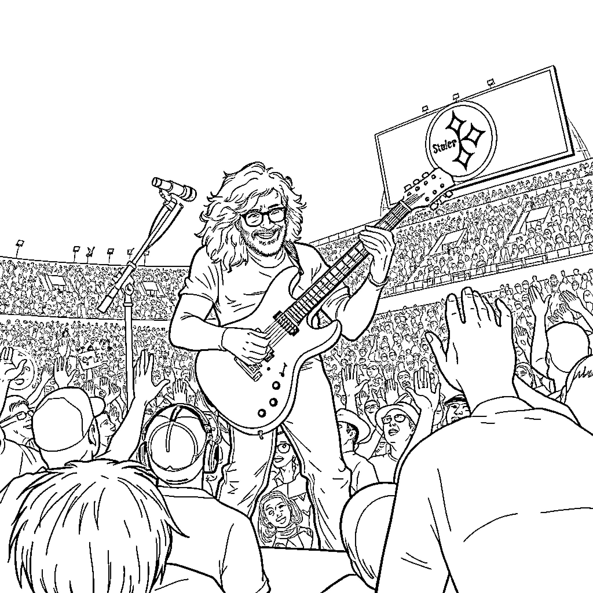 Jerry Garcia performing energetically on stage with fans Coloring Page (free black-and-white line drawing printable PDF for all, from beginners to advanced learners, including children, teens, adults, and seniors)