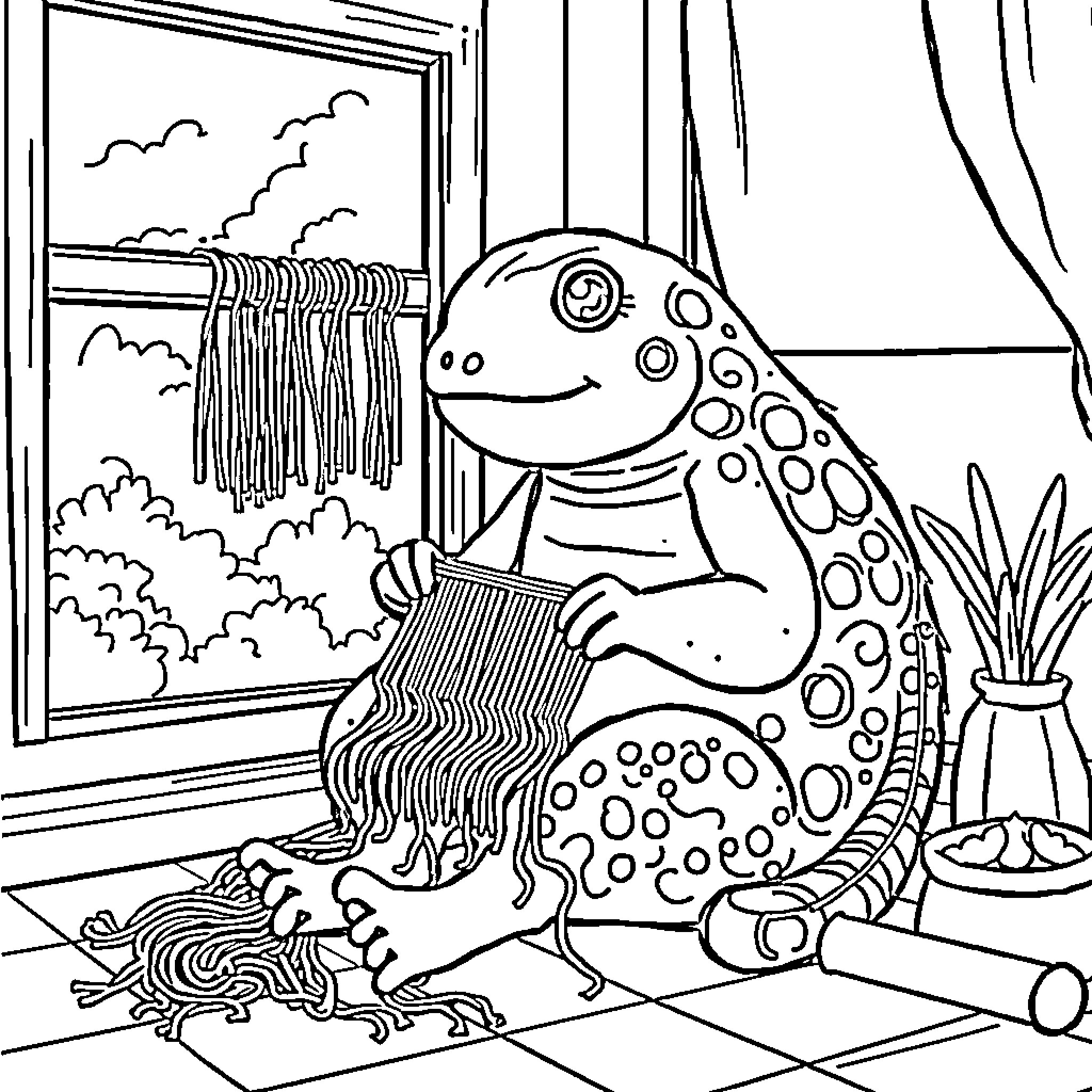Slowpoke relaxing in a cozy room Coloring Page (free black-and-white line drawing printable PDF for all, from beginners to advanced learners, including children, teens, adults, and seniors)