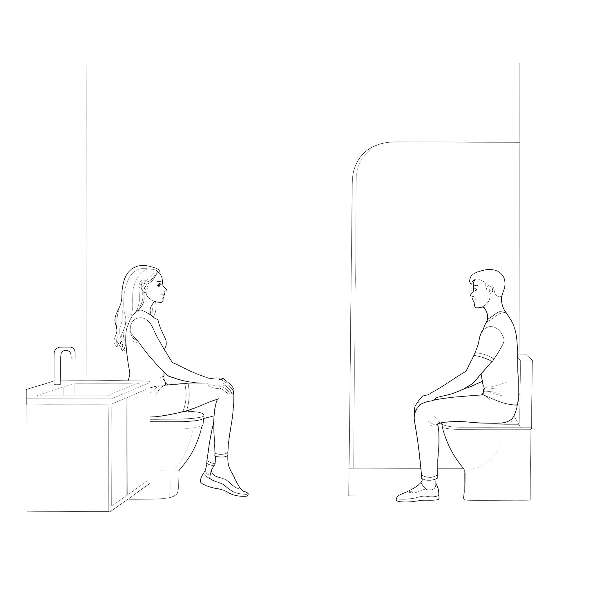 Bathroom scene with seated figures Coloring Page (free black-and-white line drawing printable PDF for all, from beginners to advanced learners, including children, teens, adults, and seniors)