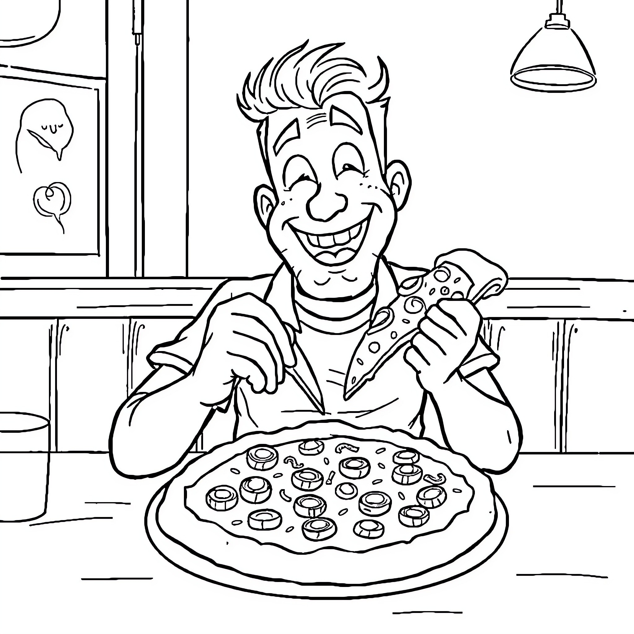 Billy Bob Brockali enjoying a delicious pizza Coloring Page (free black-and-white line drawing printable PDF for all, from beginners to advanced learners, including children, teens, adults, and seniors)