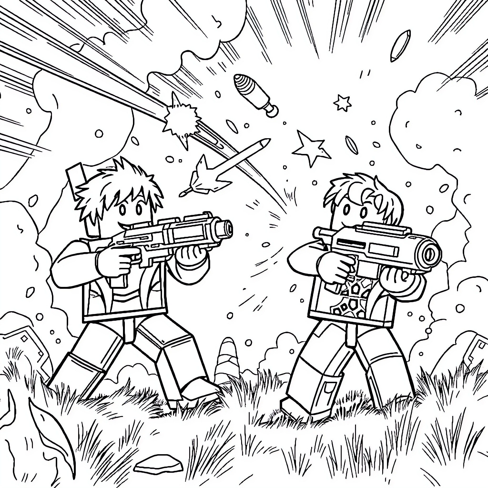 Roblox characters in an action-packed battle scene Coloring Page (free black-and-white line drawing printable PDF for all, from beginners to advanced learners, including children, teens, adults, and seniors)