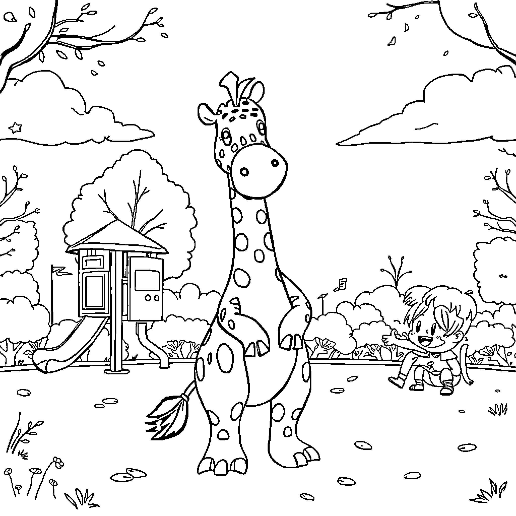 Kangaroo and friends playing in the park Coloring Page (free black-and-white line drawing printable PDF for all, from beginners to advanced learners, including children, teens, adults, and seniors)