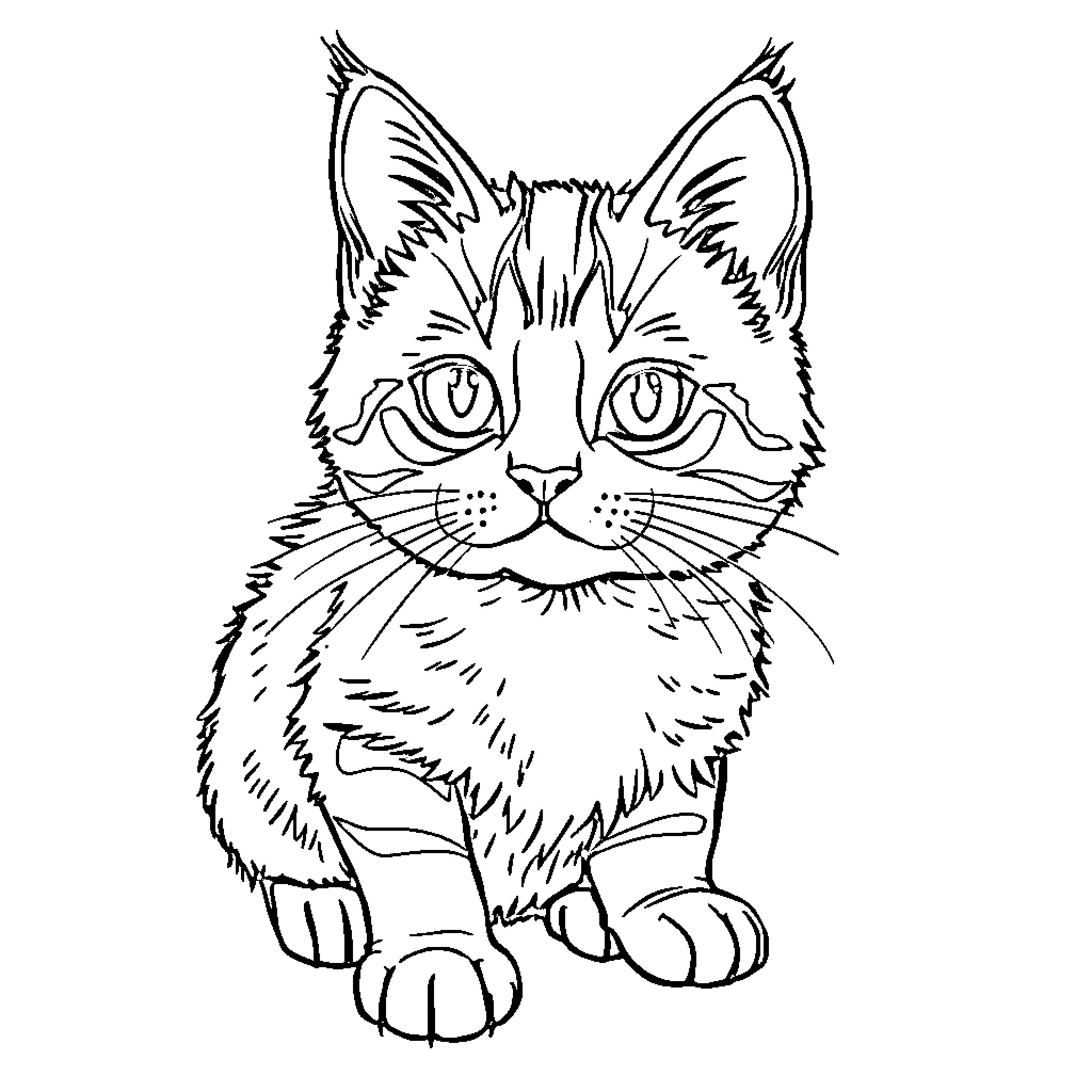 Cat with large eyes in outline style Coloring Page (free black-and-white line drawing printable PDF for all, from beginners to advanced learners, including children, teens, adults, and seniors)