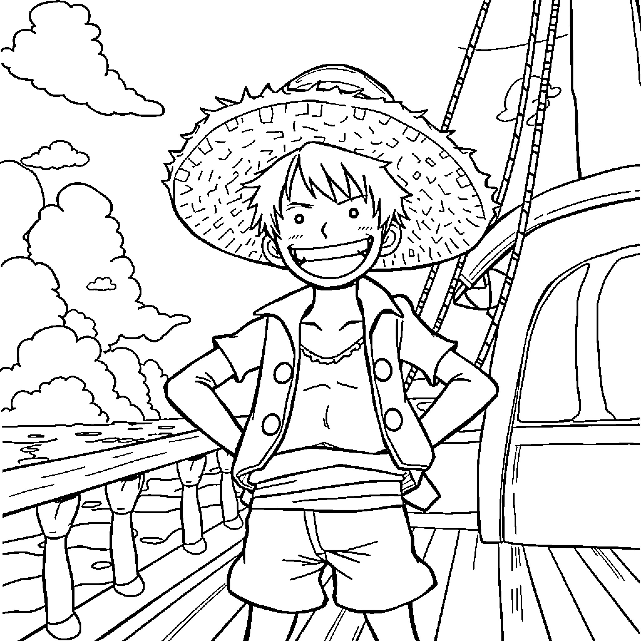Luffy Embarking on a Pirate Adventure Coloring Page (free black-and-white line drawing printable PDF for all, from beginners to advanced learners, including children, teens, adults, and seniors)