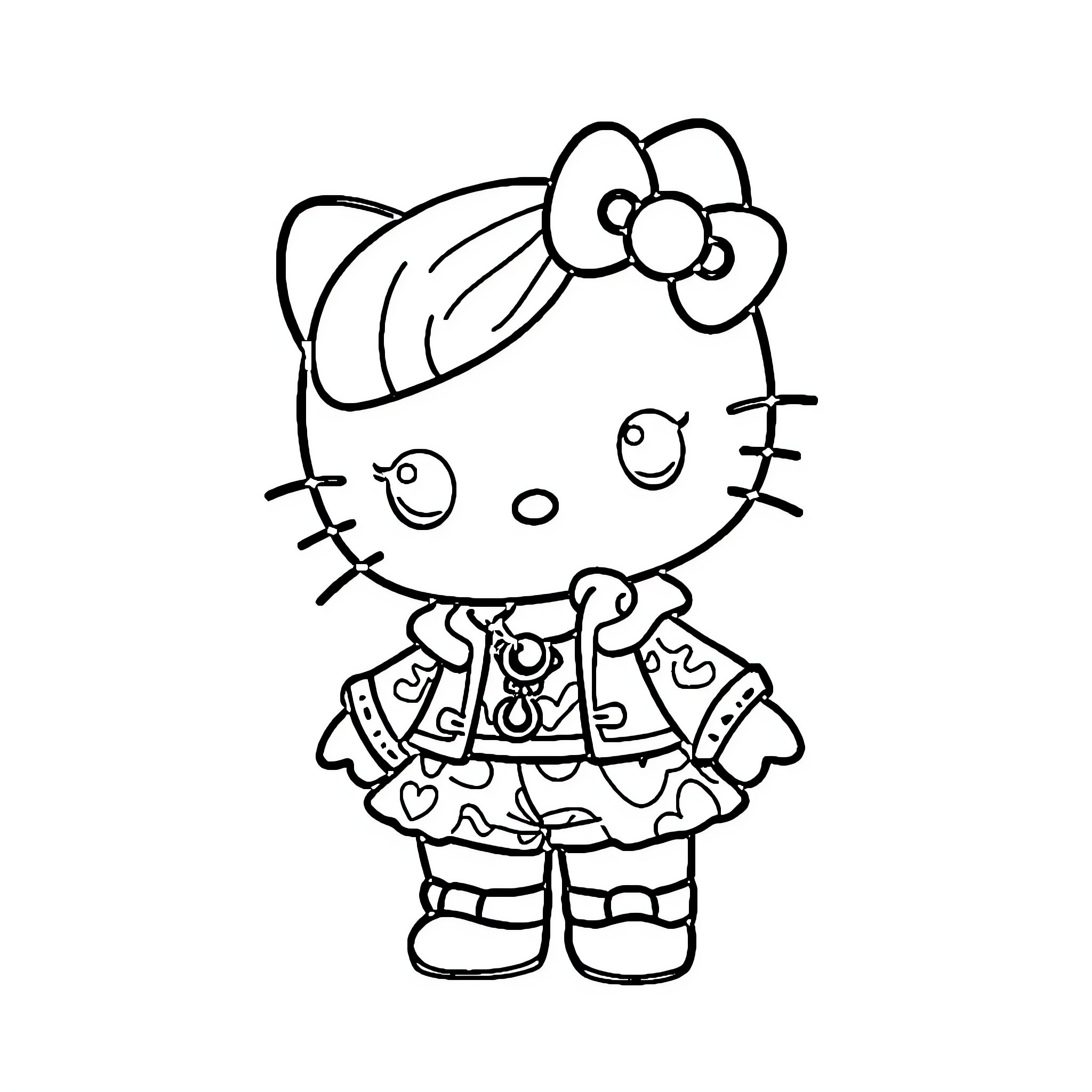 Hello Kitty wearing a patterned dress Coloring Page (free black-and-white line drawing printable PDF for all, from beginners to advanced learners, including children, teens, adults, and seniors)
