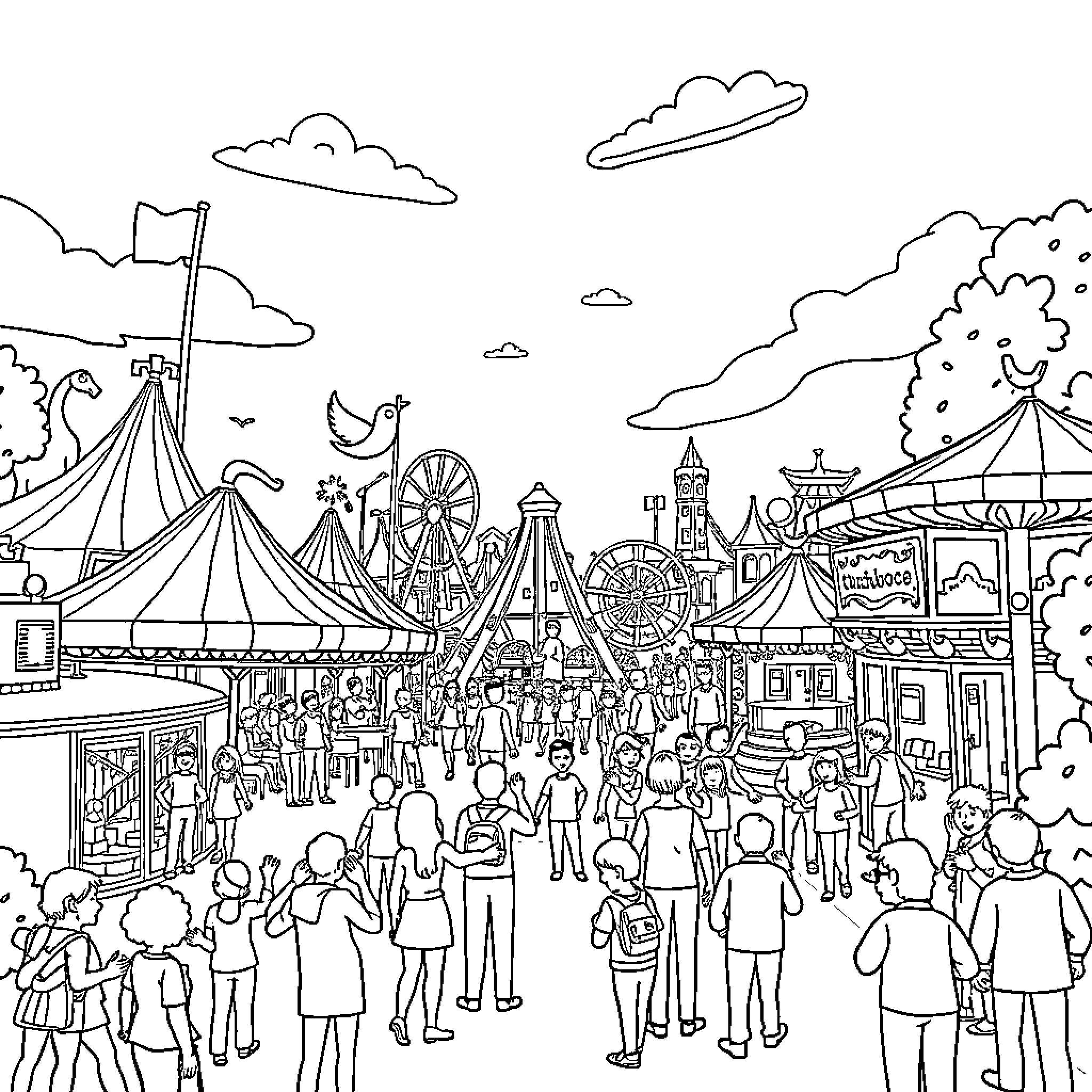 Amusement Park Bustling with Crowds and Rides Coloring Page (free black-and-white line drawing printable PDF for all, from beginners to advanced learners, including children, teens, adults, and seniors)
