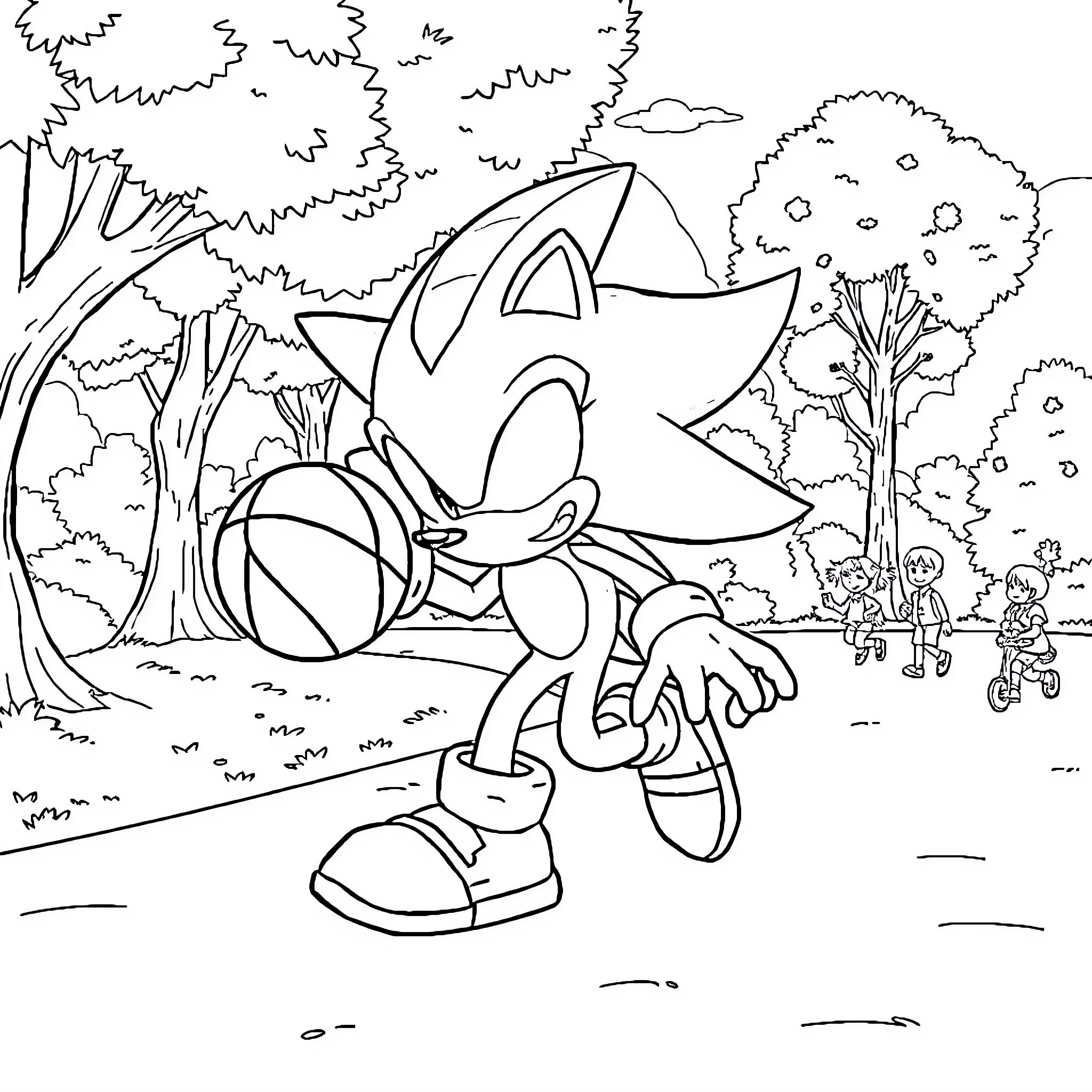Shadow of a Mischievous Character in a Scenic Outdoor Setting Coloring Page (free black-and-white line drawing printable PDF for all, from beginners to advanced learners, including children, teens, adults, and seniors)