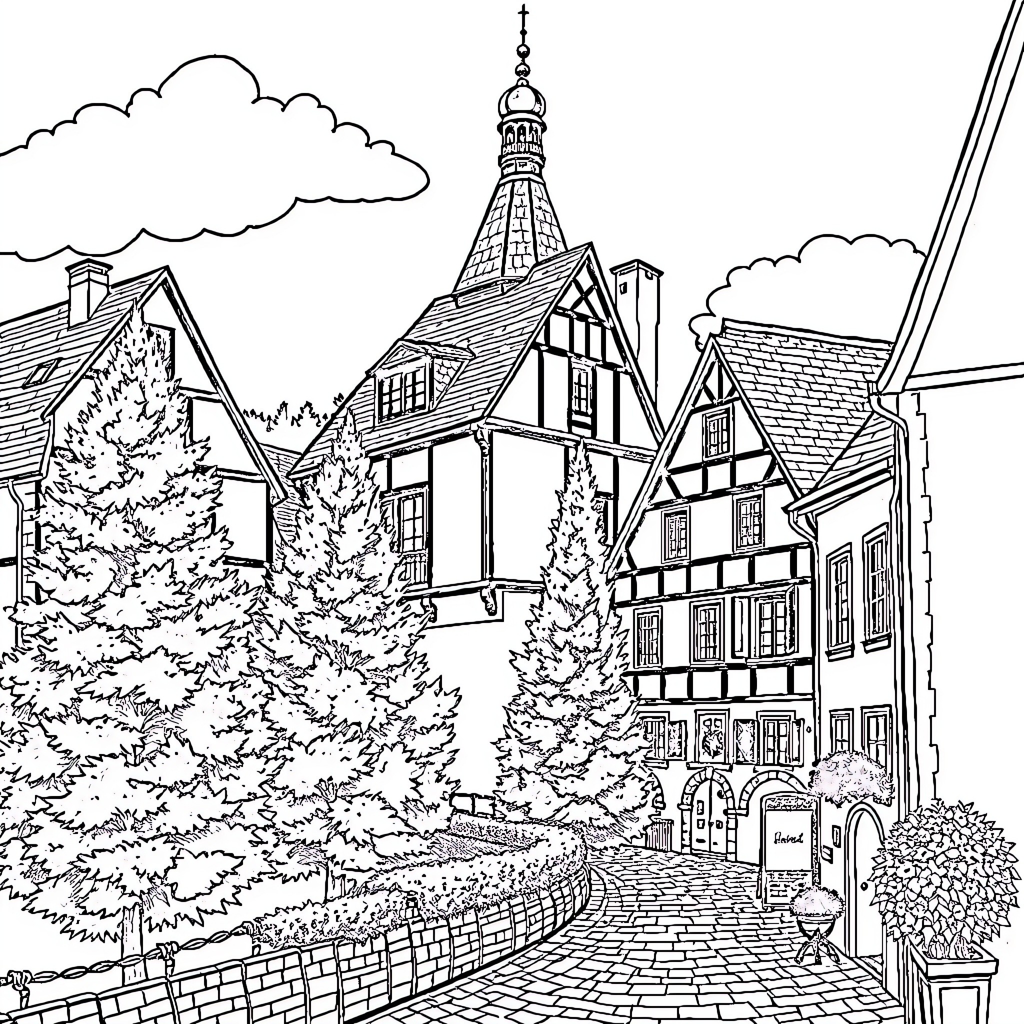 Schrobenhausen: Picturesque Town with Historic Architecture Coloring Page (free black-and-white line drawing printable PDF for all, from beginners to advanced learners, including children, teens, adults, and seniors)