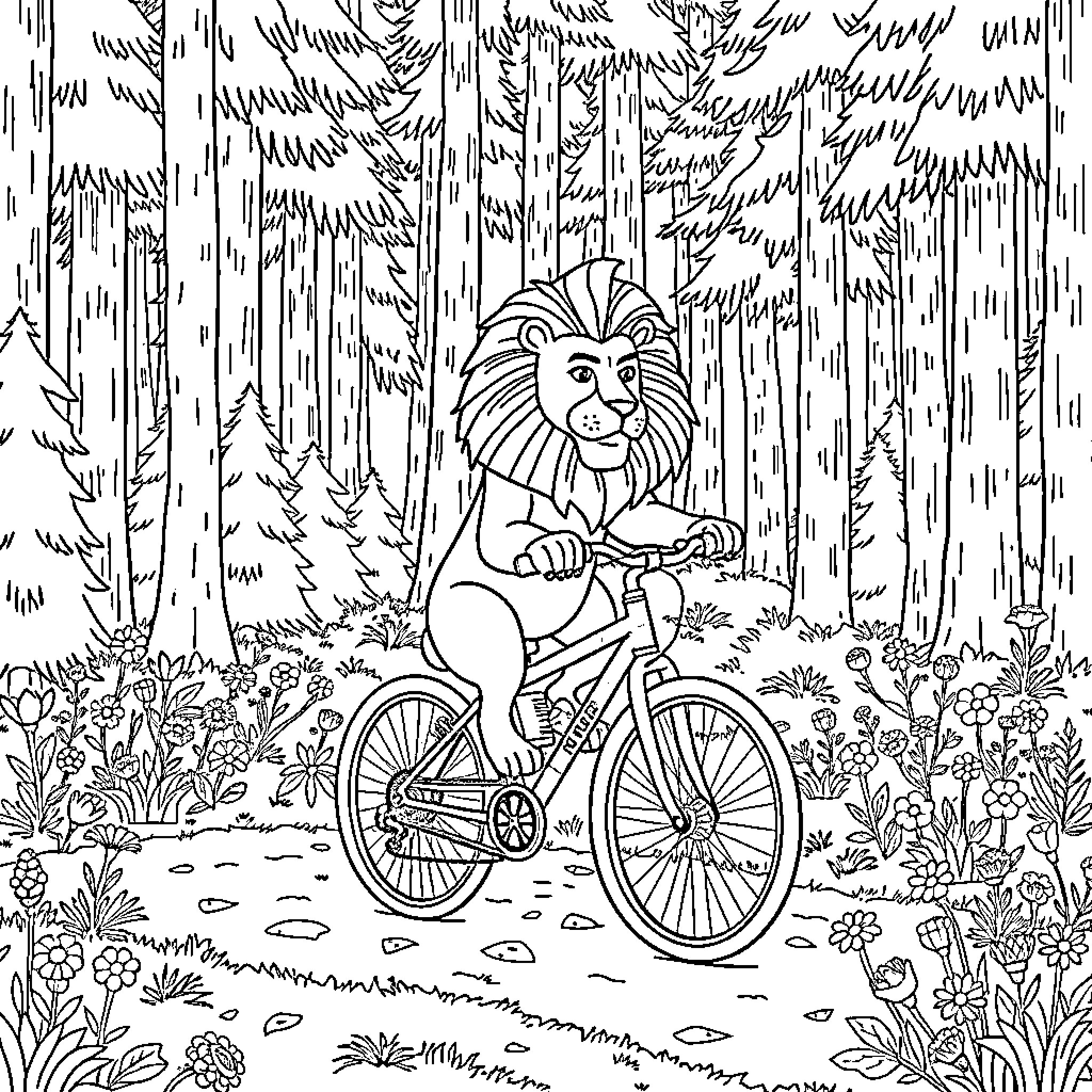 Lion cycling through the enchanted forest Coloring Page (free black-and-white line drawing printable PDF for all, from beginners to advanced learners, including children, teens, adults, and seniors)