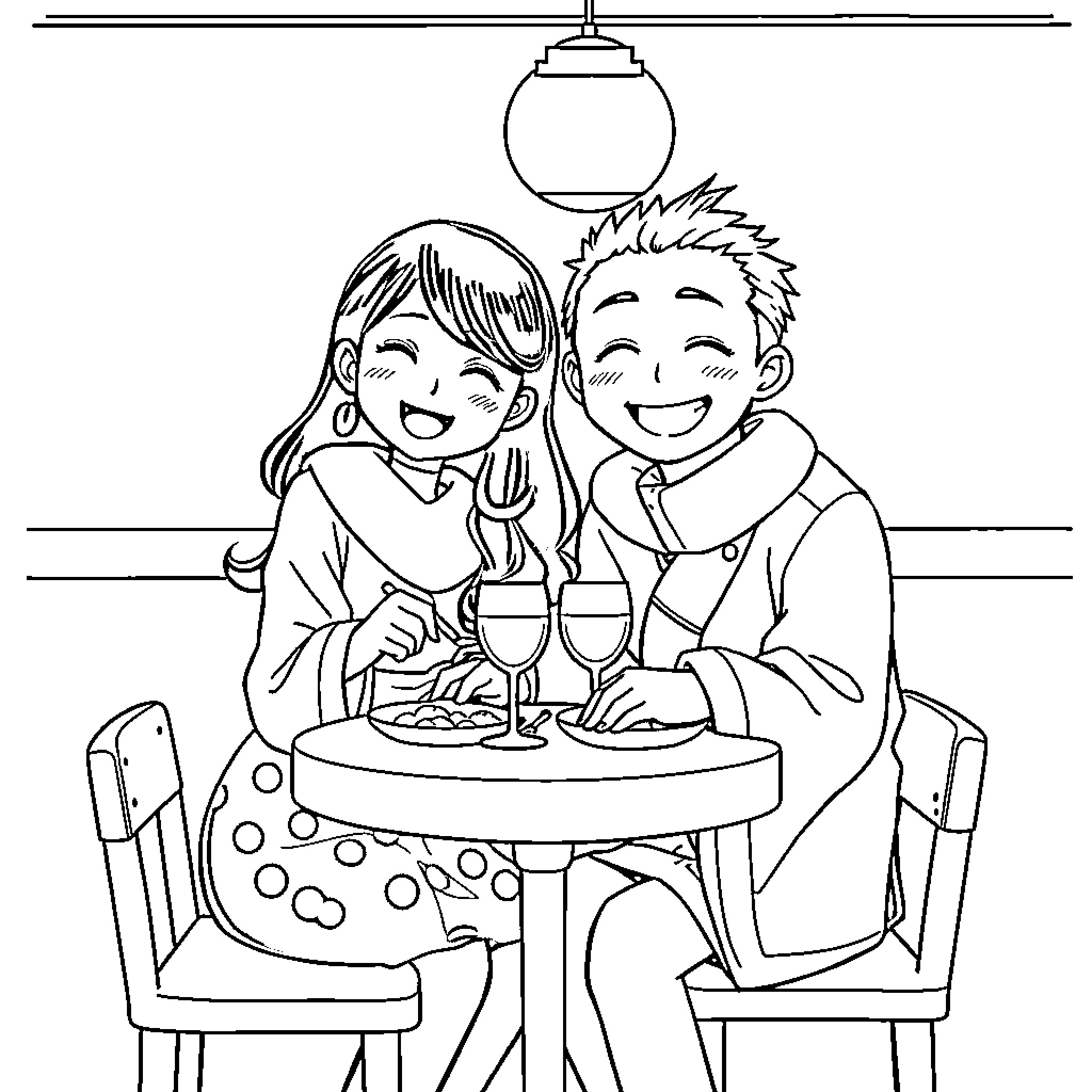 Nezuko enjoying a dinner date with friend Coloring Page (free black-and-white line drawing printable PDF for all, from beginners to advanced learners, including children, teens, adults, and seniors)