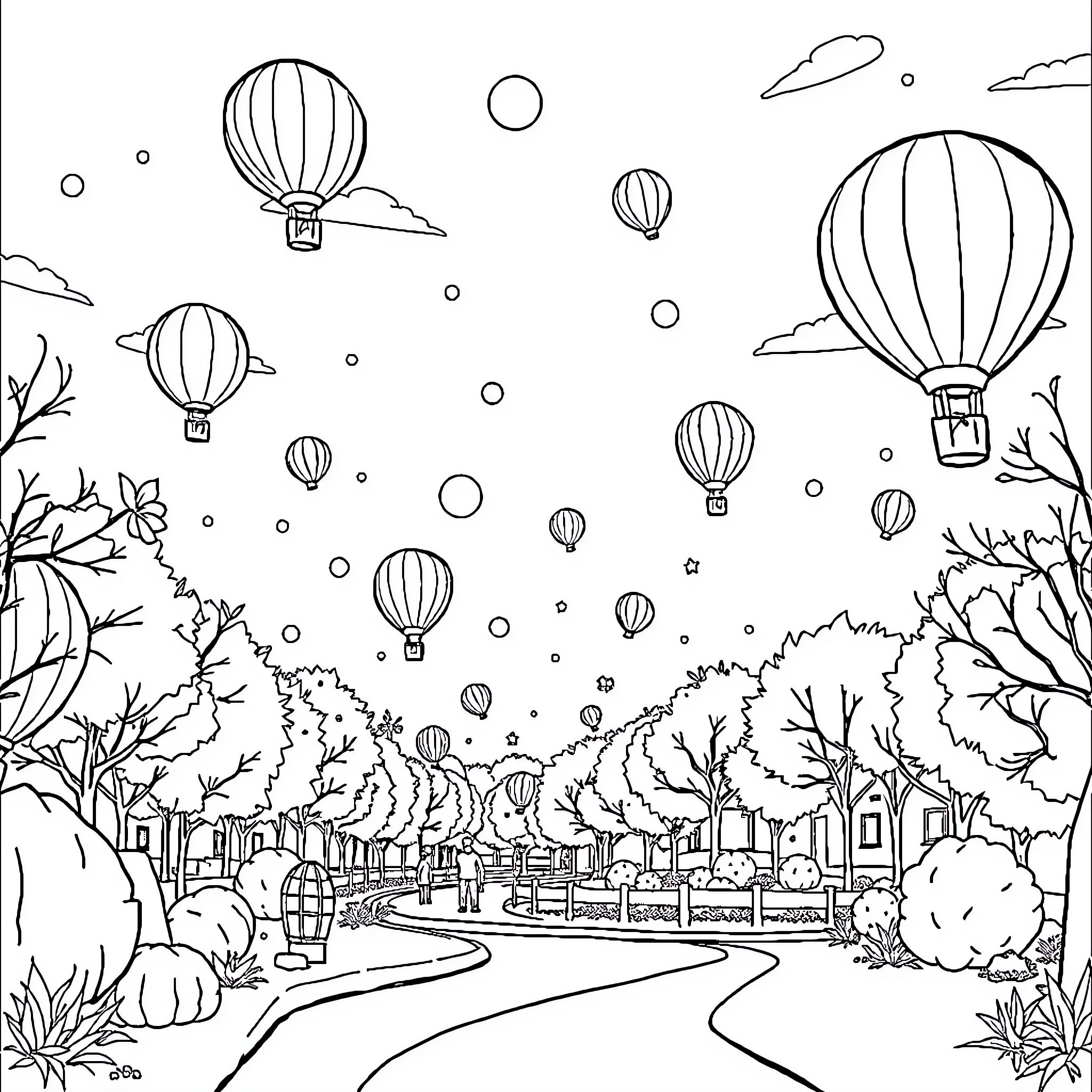 Globo Aerostático: Whimsical Hot Air Balloon Dreamscape Coloring Page (free black-and-white line drawing printable PDF for all, from beginners to advanced learners, including children, teens, adults, and seniors)