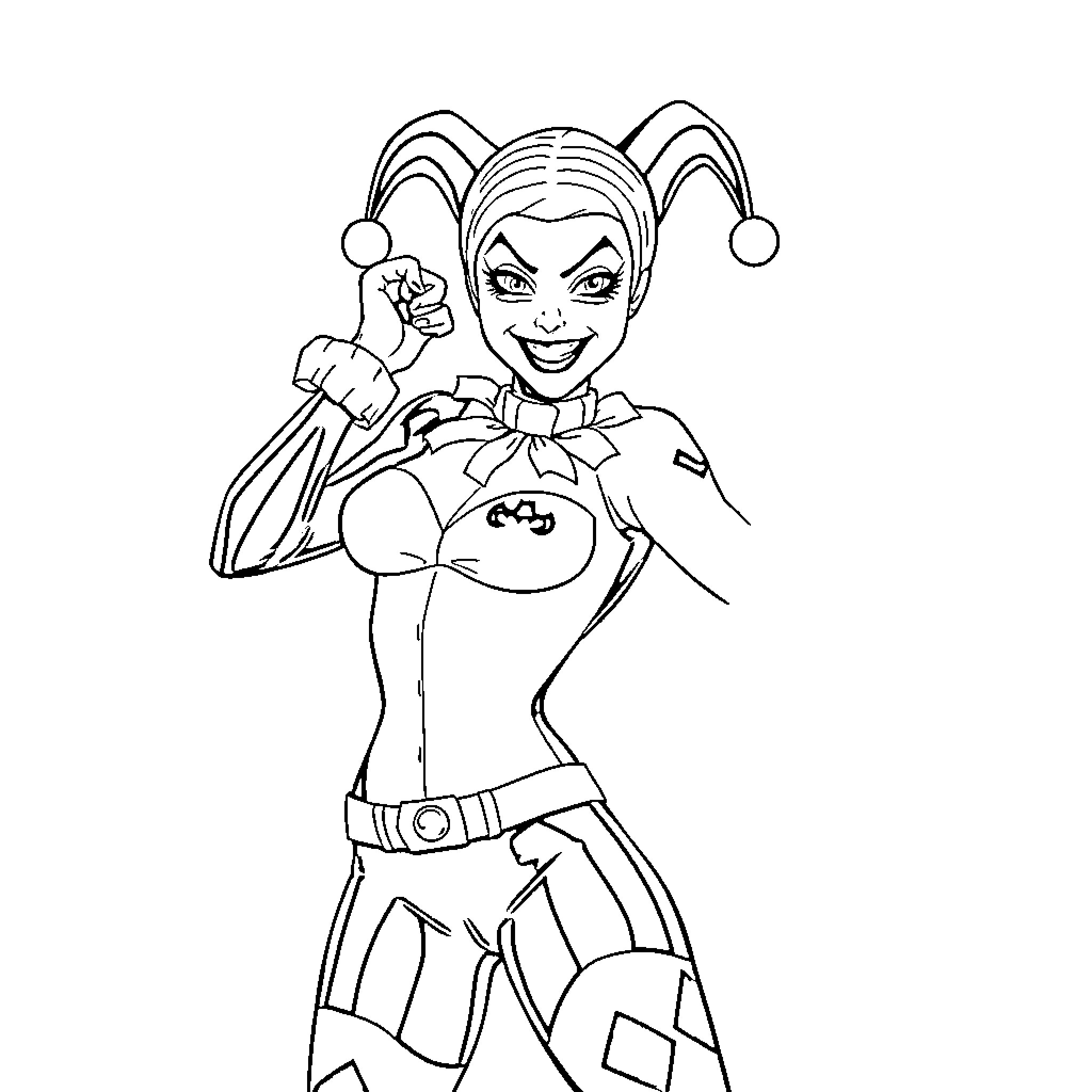 Harley Quinn striking an energetic pose Coloring Page (free black-and-white line drawing printable PDF for all, from beginners to advanced learners, including children, teens, adults, and seniors)