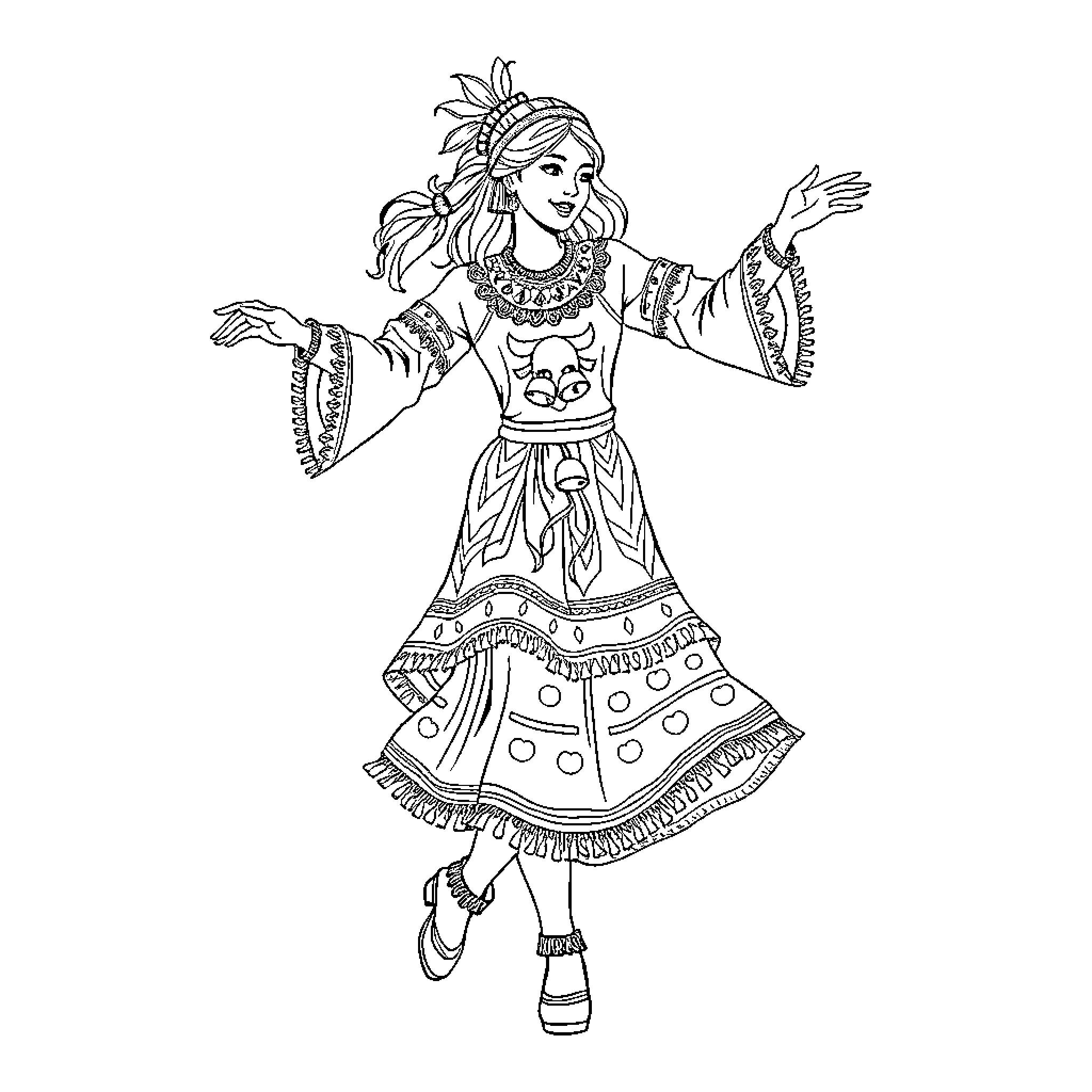 Jingle Dancer Performing in Traditional Outfit Coloring Page (free black-and-white line drawing printable PDF for all, from beginners to advanced learners, including children, teens, adults, and seniors)