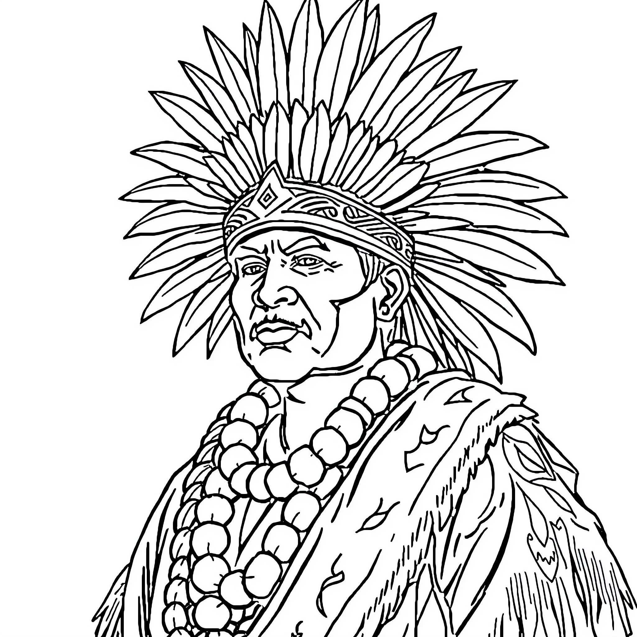 Chief in Traditional Tribal Regalia Coloring Page (free black-and-white line drawing printable PDF for all, from beginners to advanced learners, including children, teens, adults, and seniors)