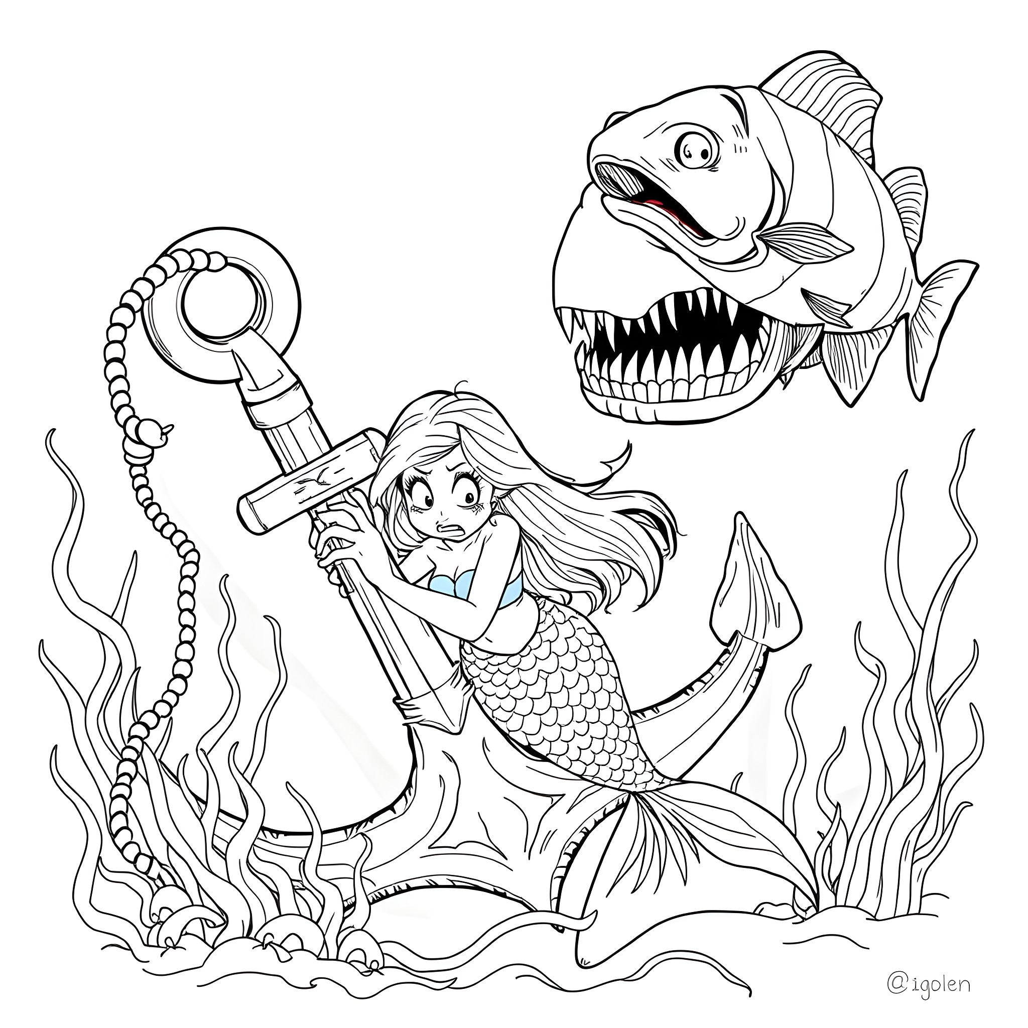 Fish Mermaid Battling Giant Piranha Underwater Coloring Page (free black-and-white line drawing printable PDF for all, from beginners to advanced learners, including children, teens, adults, and seniors)
