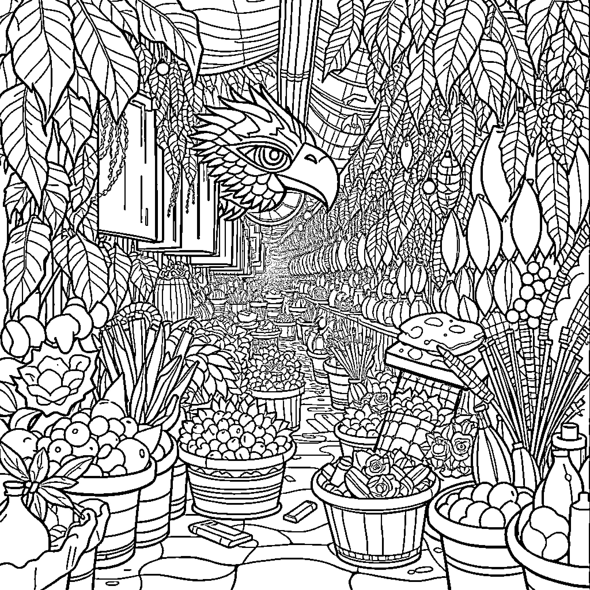 Labubu's Enchanted Garden Odyssey Coloring Page (free black-and-white line drawing printable PDF for all, from beginners to advanced learners, including children, teens, adults, and seniors)
