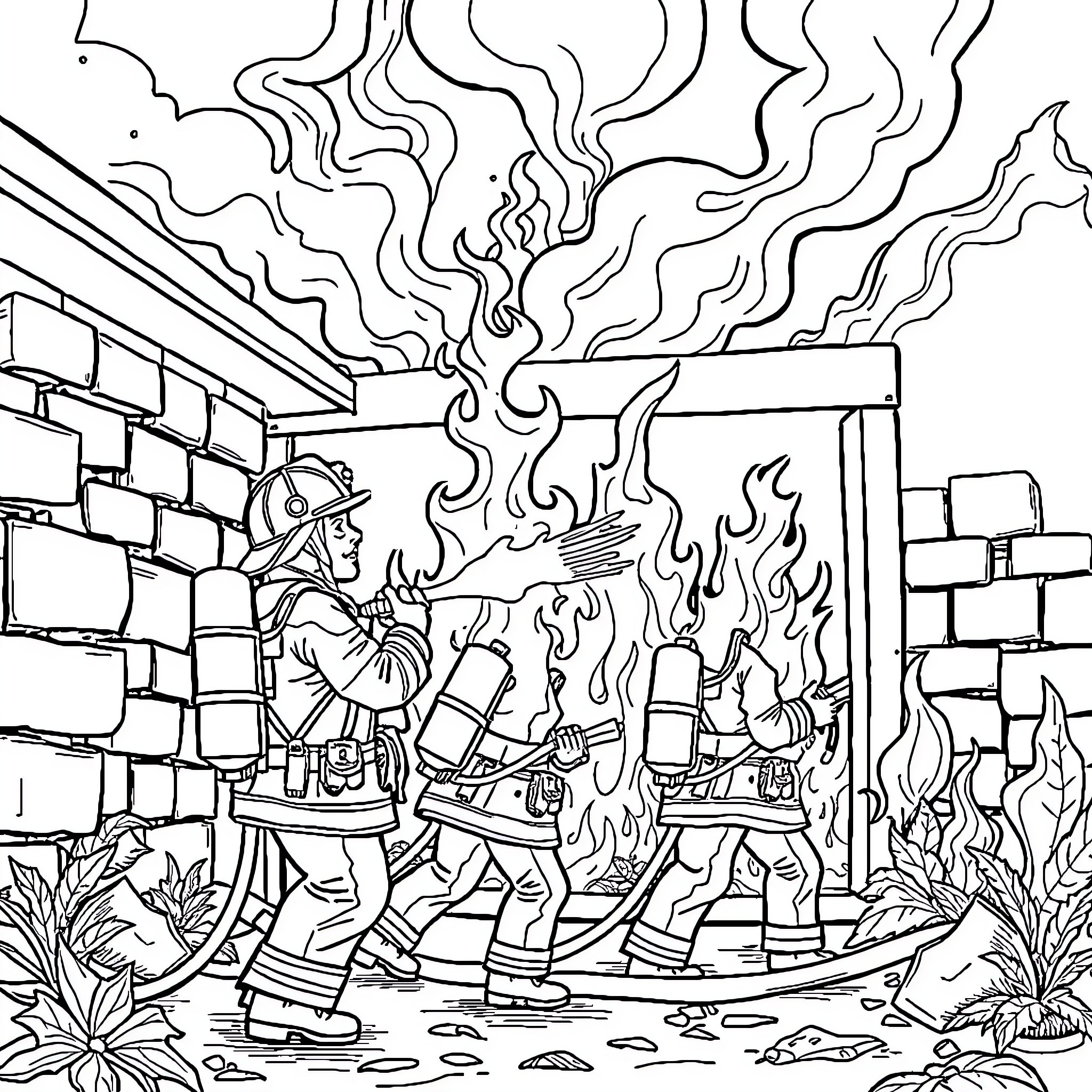 Firefighters battling a blaze in a burning building Coloring Page (free black-and-white line drawing printable PDF for all, from beginners to advanced learners, including children, teens, adults, and seniors)